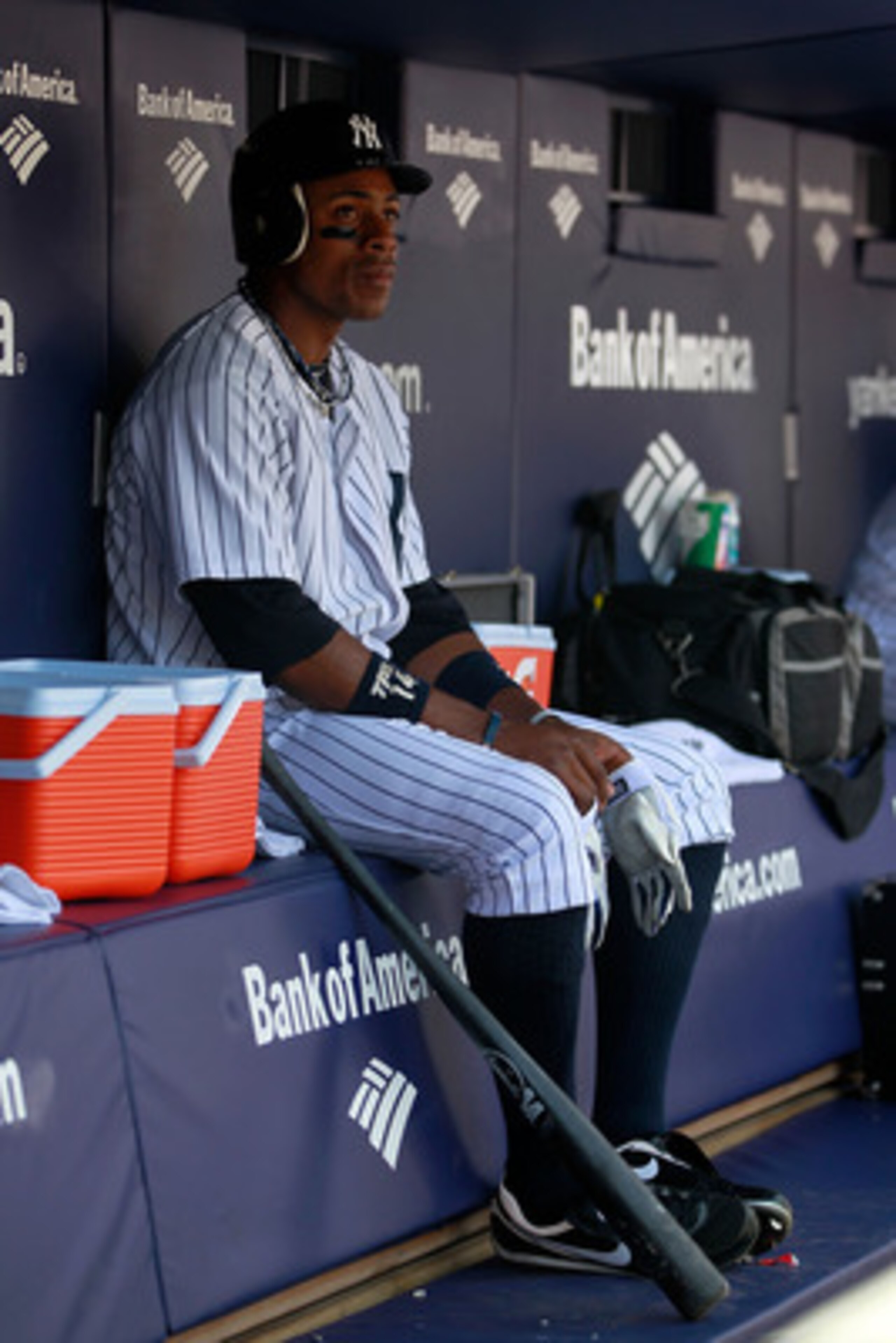 NEW YORK, NY - MAY 01:  Curtis Granderson #14 of the New York Yankees sits in the dugout during the game against the Toronto Blue Jays at Yankee Stadium on May 1, 2011 in the Bronx borough of New York City.  (Photo by Chris Trotman/Getty Images)