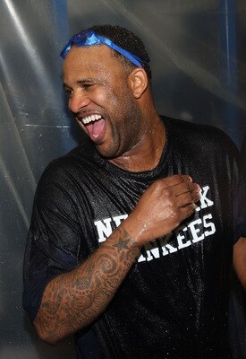 MINNEAPOLIS - OCTOBER 11: C.C. Sabathia of the New York Yankees celebrates in the locker room after a win over the Minnesota Twins in Game Three of the ALDS during the 2009 MLB Playoffs at the Hubert H. Humphrey Metrodome on October 11, 2009 in Minneapoli