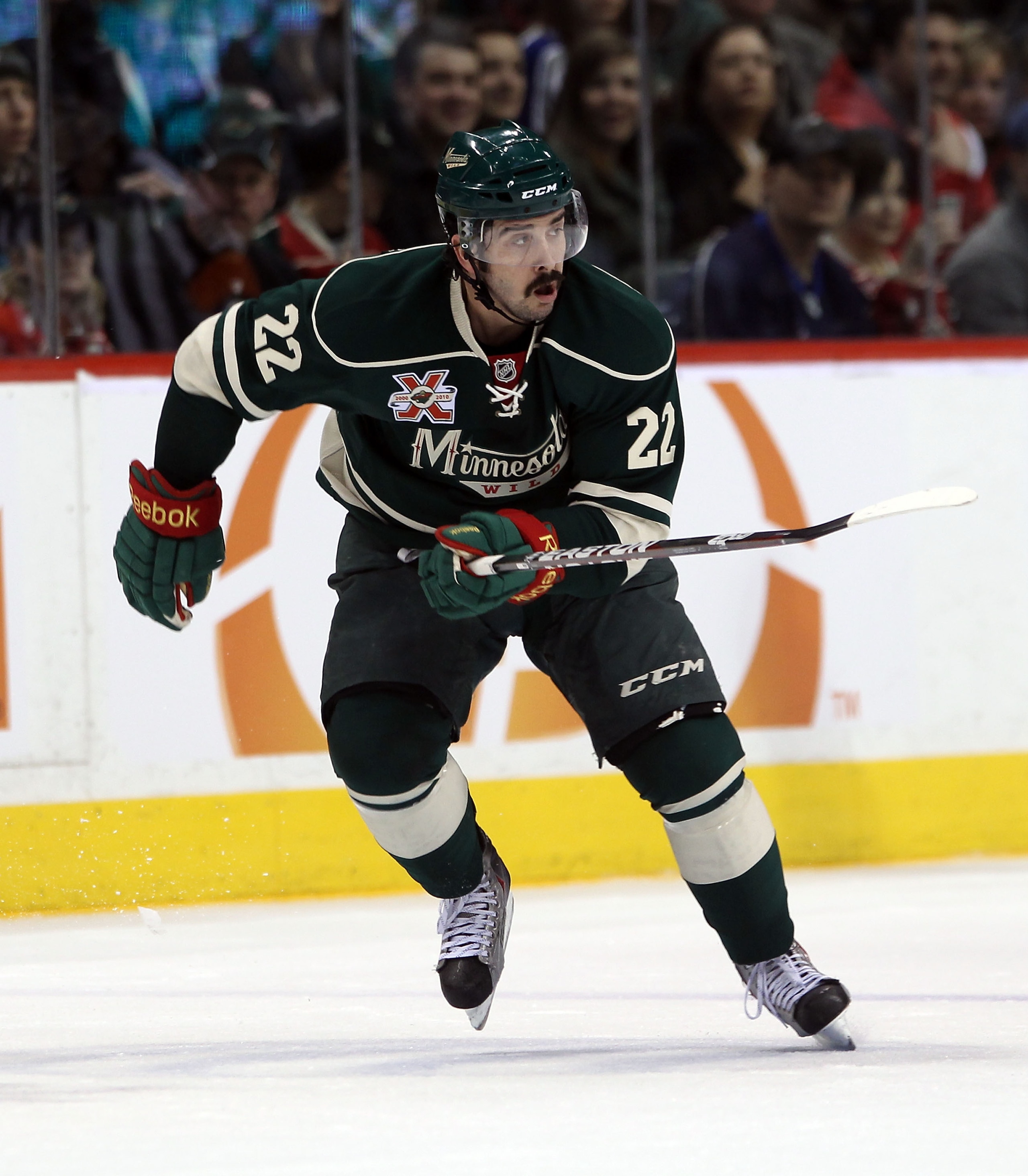 ST PAUL, MN - MARCH 22:  Cal Clutterbuck #22 of the Minnesota Wild skates against the Toronto Maple Leafs at the Xcel Energy Center on March 22, 2011 in St Paul, Minnesota.  (Photo by Bruce Bennett/Getty Images)
