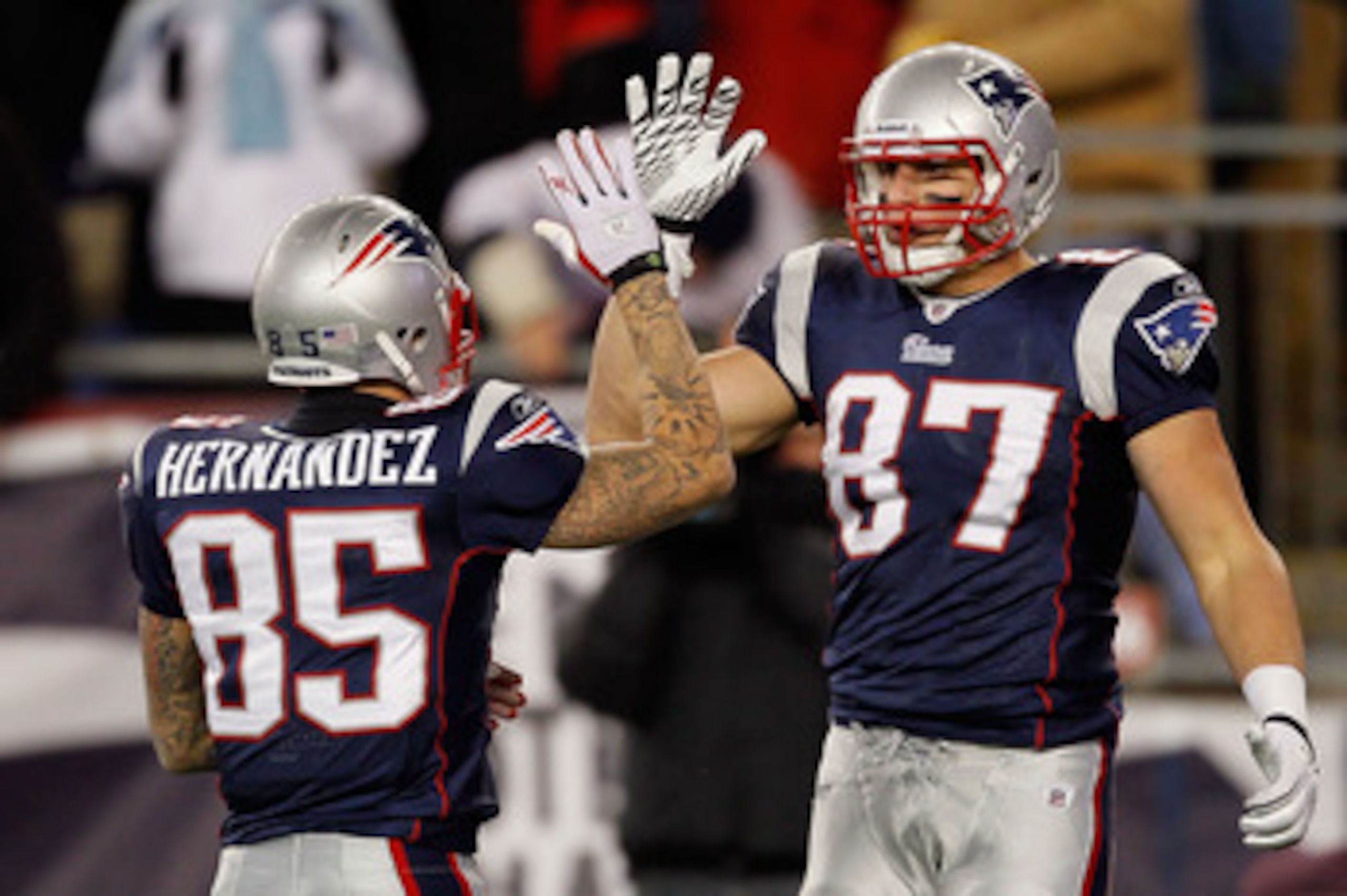 FOXBORO, MA - DECEMBER 06: (L-R) Aaron Hernandez #85 and Rob Gronkowski #87 of the New England Patriots celebrate a play against the New York Jets at Gillette Stadium on December 6, 2010 in Foxboro, Massachusetts. The Patriots won 45-3. (Photo by Jim Rog FOXBORO, MA - DECEMBER 06: (L-R) Aaron Hernandez #85 and Rob Gronkowski #87 of the New England Patriots celebrate a play against the New York Jets at Gillette Stadium on December 6, 2010 in Foxboro, Massachusetts. The Patriots won 45-3. (Photo by Jim Rog