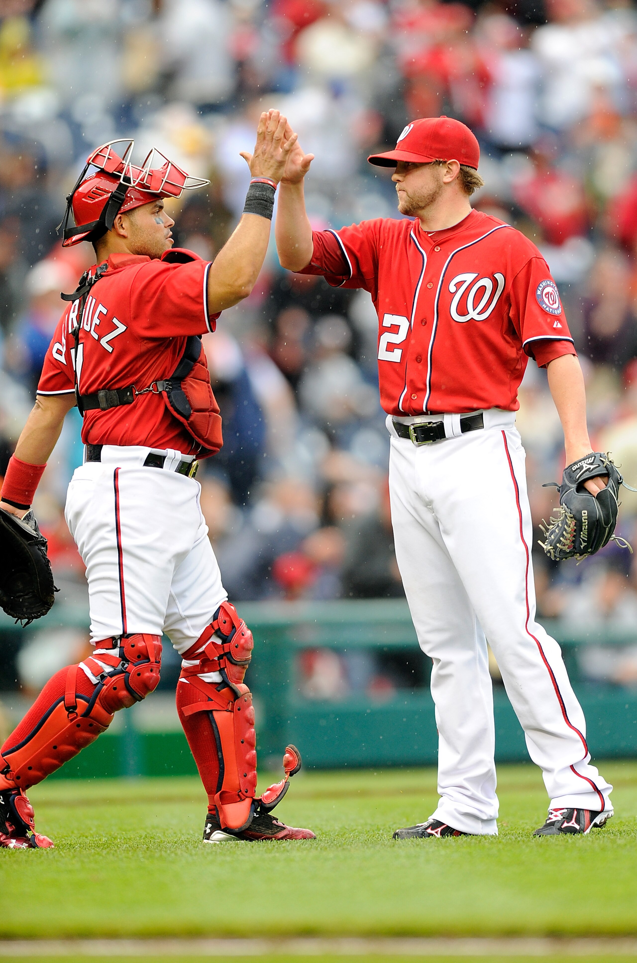 WASHINGTON, DC - MAY 01: Drew Storen #22 of the Washington Nationals celebrates with Ivan Rodriguez #7 after a 5-2 victory against the San Francisco Giants at Nationals Park on May 1, 2011 in Washington, DC. (Photo by Greg Fiume/Getty Images) WASHINGTON, DC - MAY 01: Drew Storen #22 of the Washington Nationals celebrates with Ivan Rodriguez #7 after a 5-2 victory against the San Francisco Giants at Nationals Park on May 1, 2011 in Washington, DC. (Photo by Greg Fiume/Getty Images)