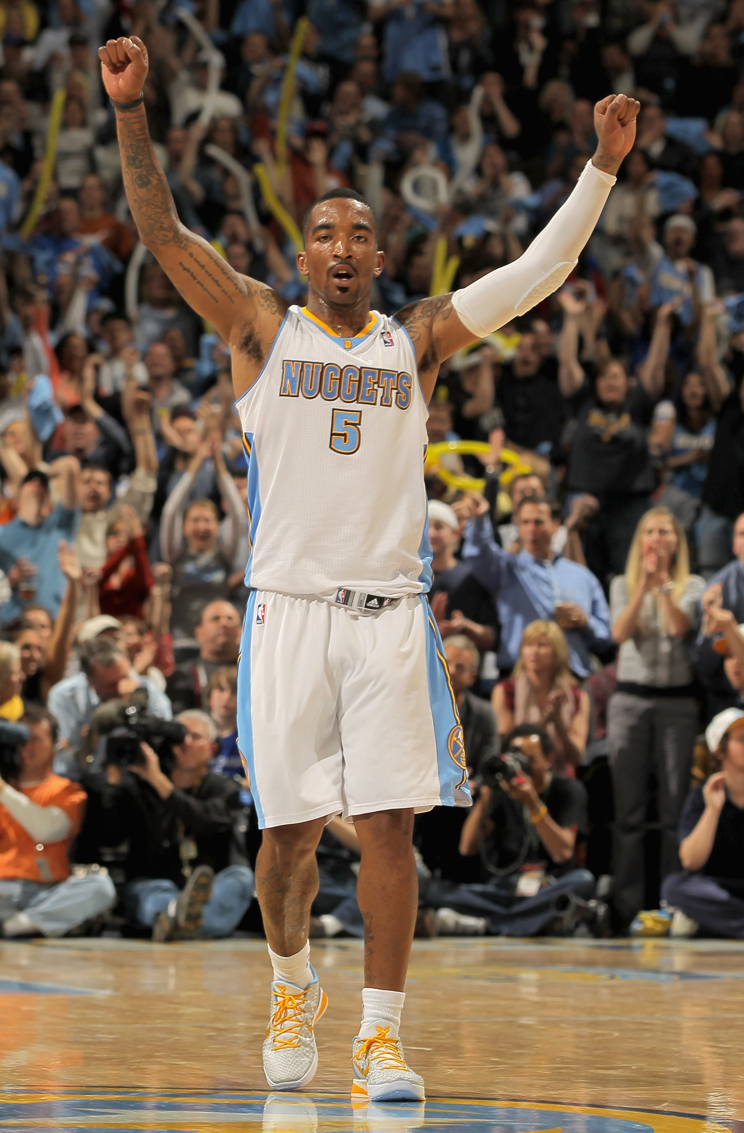 DENVER, CO - APRIL 25: J.R. Smith #5 of the Denver Nuggets reacts after scoring against the Oklahoma City Thunder in Game Four of the Western Conference Quarterfinals in the 2011 NBA Playoffs on April 24, 2011 at the Pepsi Center in Denver, Colorado. NOT DENVER, CO - APRIL 25: J.R. Smith #5 of the Denver Nuggets reacts after scoring against the Oklahoma City Thunder in Game Four of the Western Conference Quarterfinals in the 2011 NBA Playoffs on April 24, 2011 at the Pepsi Center in Denver, Colorado. NOT