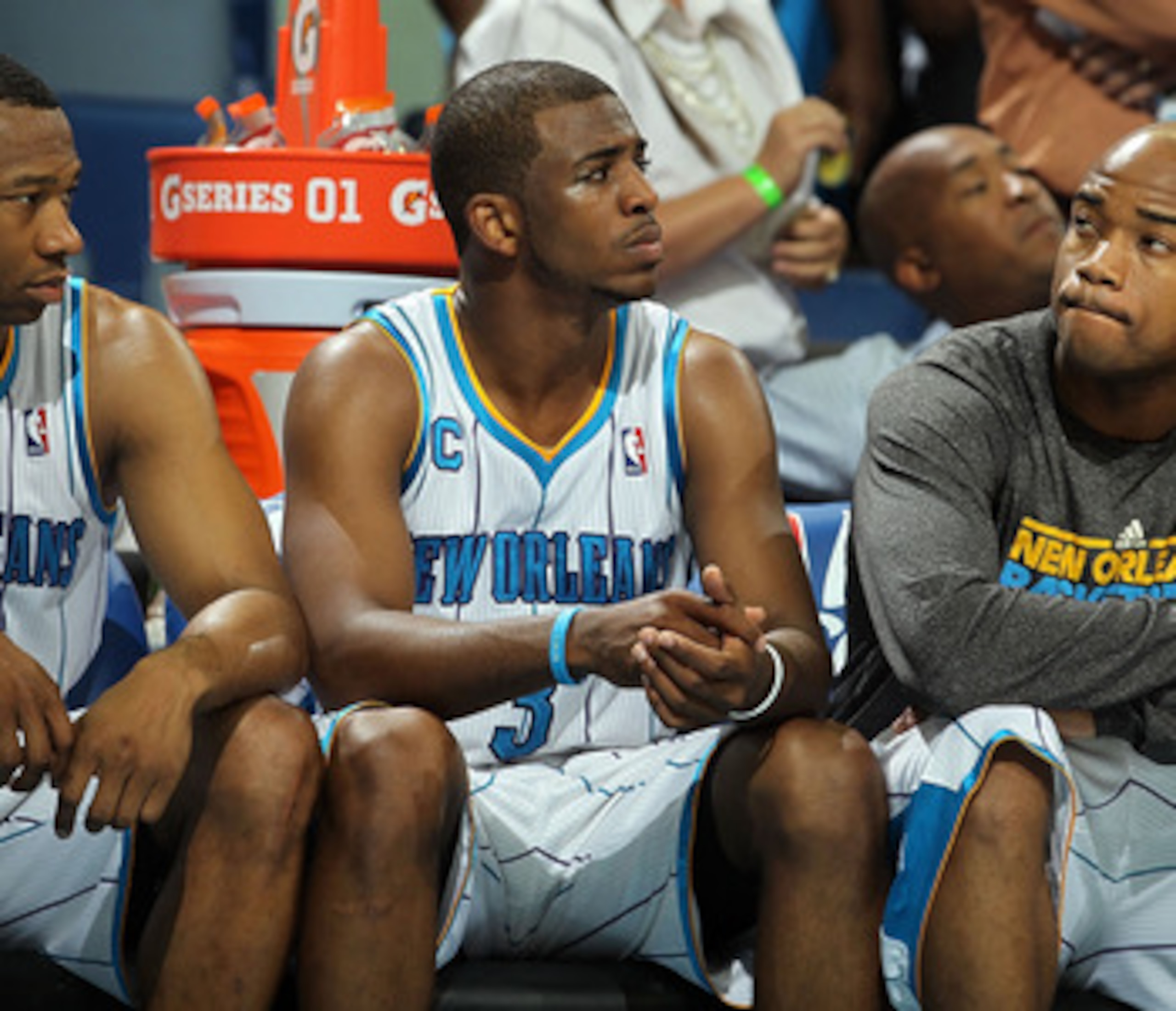 NEW ORLEANS, LA - APRIL 28:  (L-R) Willie Green #33, Chris Paul #3 and Jarrett Jack #2 of the New Orleans Hornets react on the bench during a 98-80 loss against the Los Angeles Lakers in Game Six of the Western Conference Quarterfinals in the 2011 NBA Pla