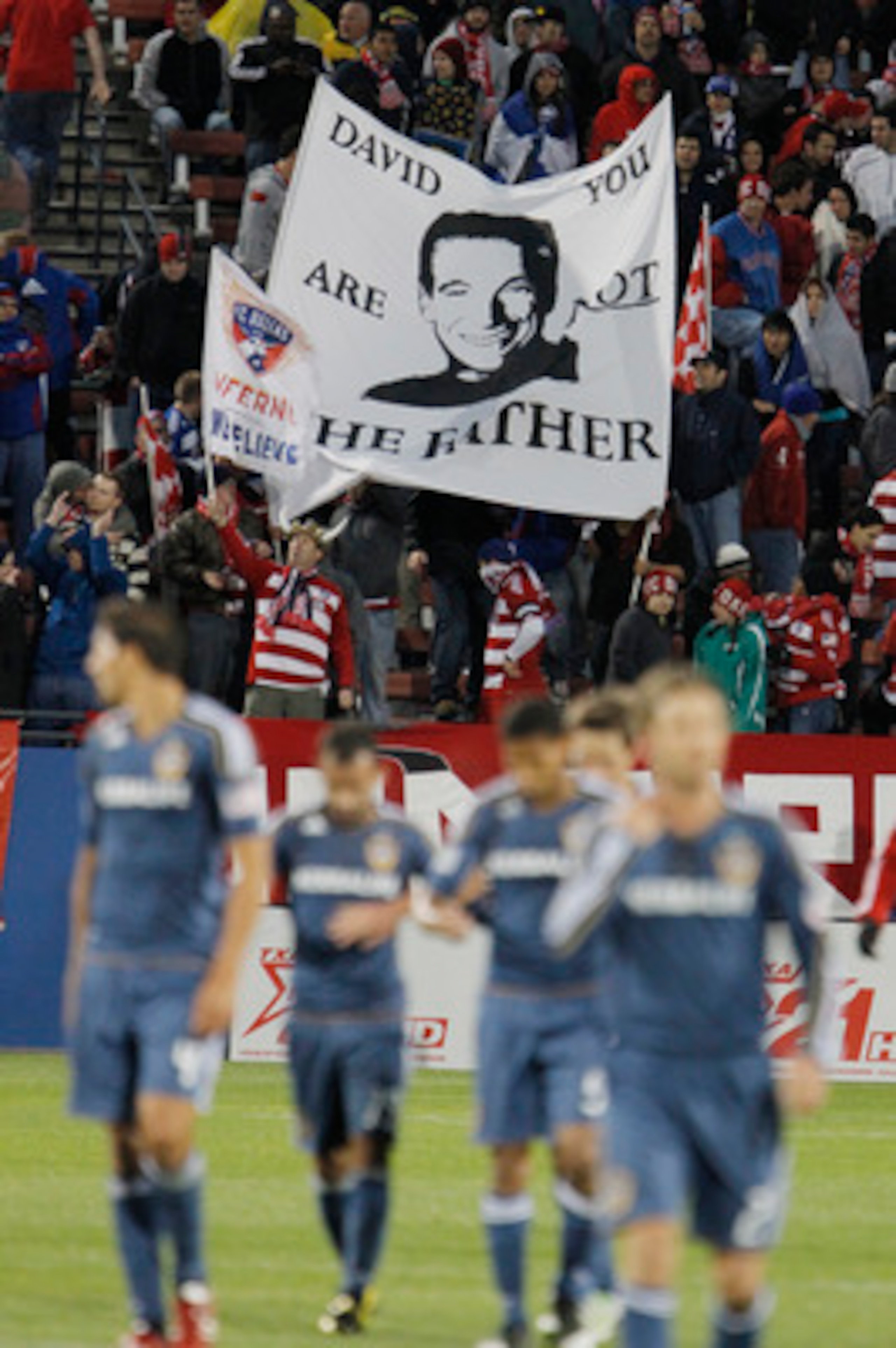 FRISCO, TX - MAY 1: FC Dallas fans taunt David Beckham #23 of the Los Angeles Galaxy after the first half of a soccer game at Pizza Hut Park on May 1, 2011 in Frisco, Texas. (Photo by Brandon Wade/Getty Images)