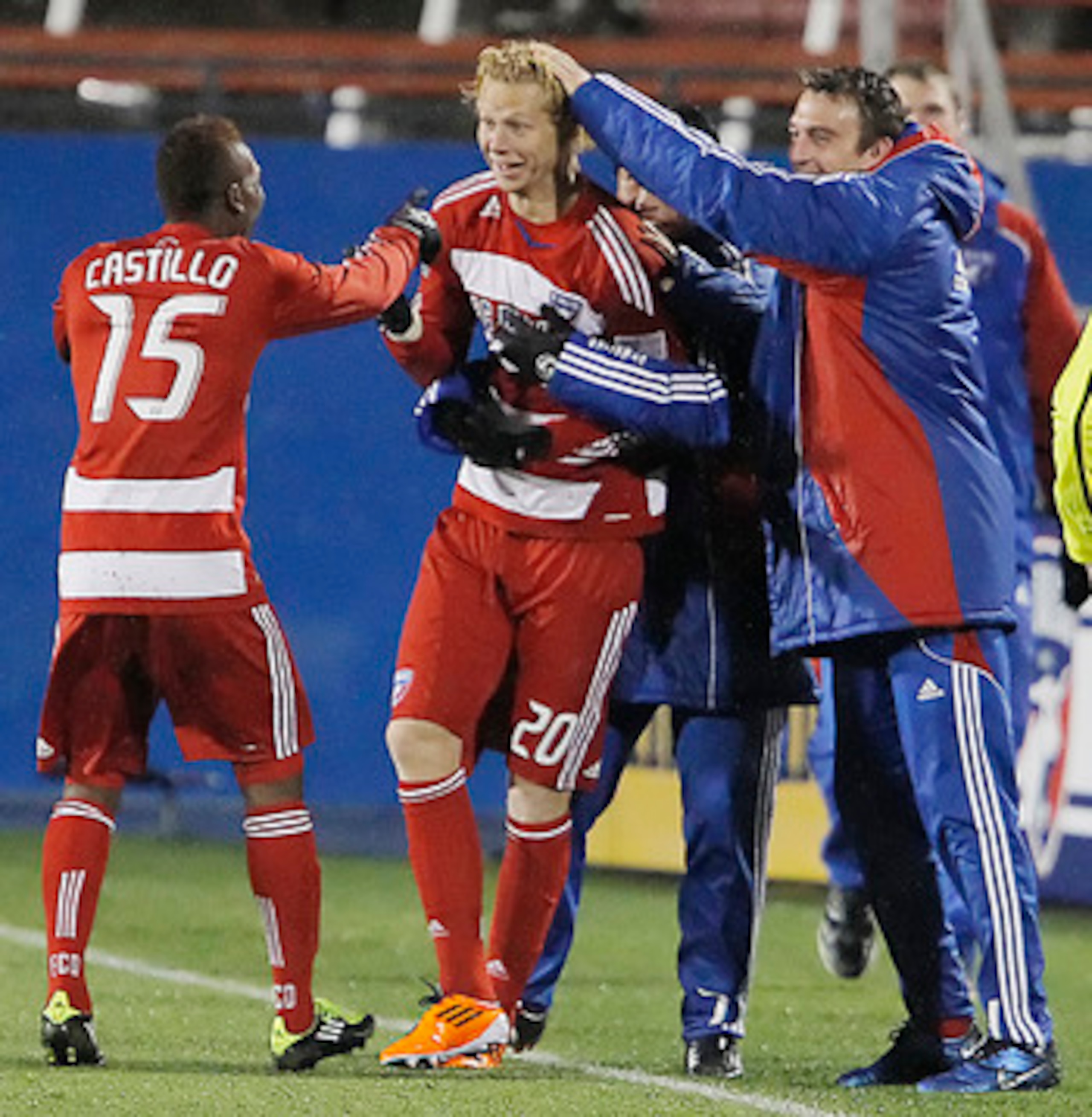 FRISCO, TX - MAY 1: Brek Shea #20 of FC Dallas is congratulated by teammates after scoring what would be the game winning goal against the Los Angeles Galaxy during the second half of a soccer game at Pizza Hut Park on May 1, 2011 in Frisco, Texas. FC Dal
