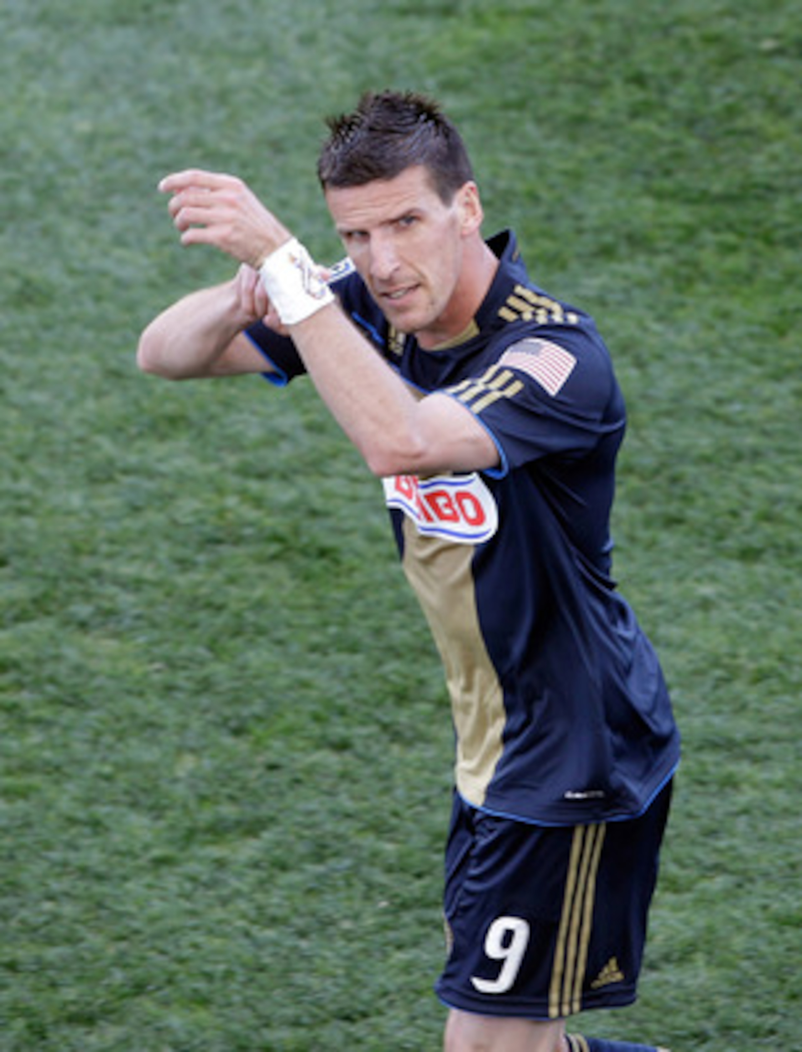 CHESTER, PA - APRIL 30:  Sebastien Le Toux #9 of the Philadelphia Union celebrates scoring a goal on a penalty kick during the second half against the San Jose Earthquakes at PPL Park on April 30, 2011 in Chester, Pennsylvania.  (Photo by Rob Carr/Getty I