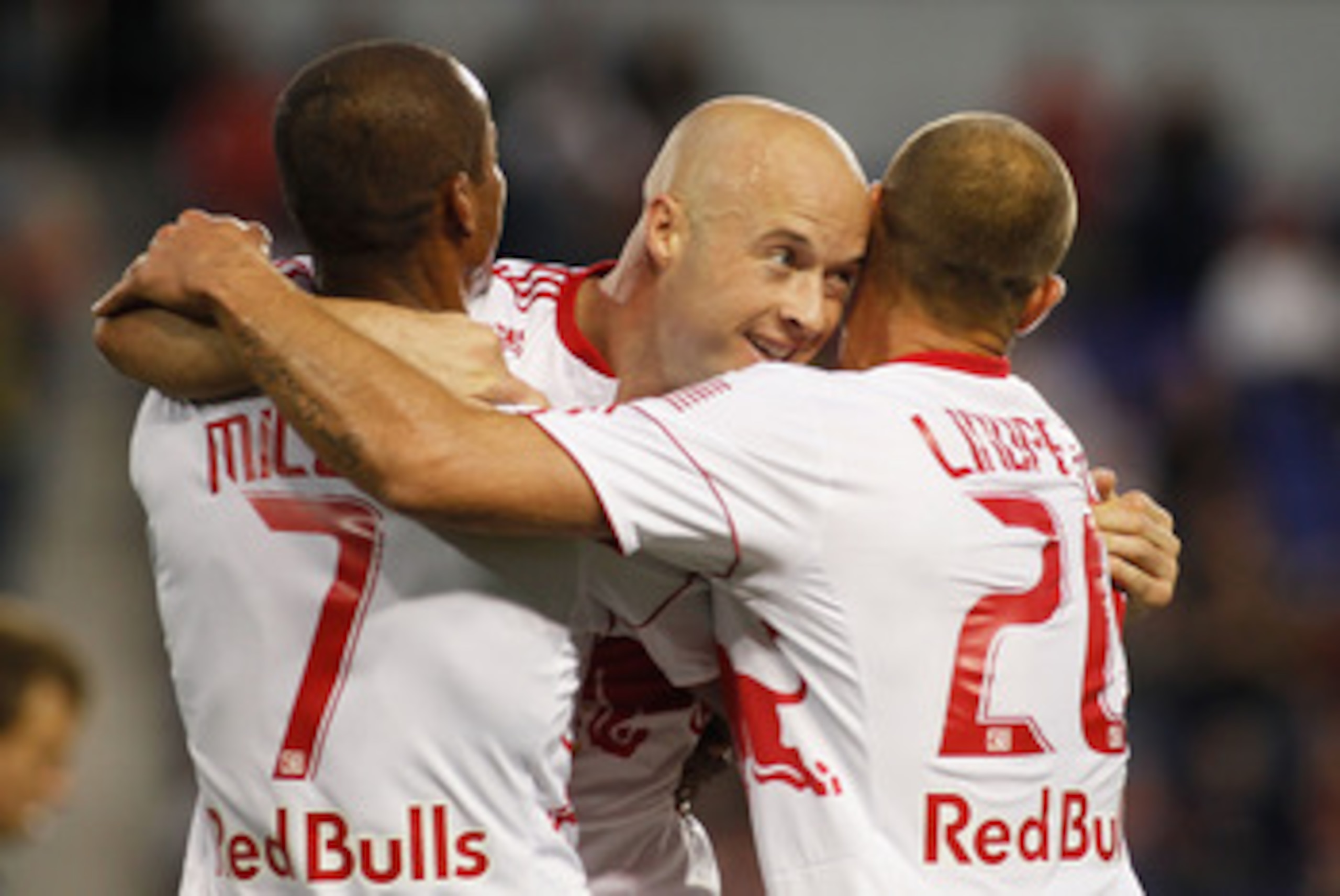 HARRISON, NJ - APRIL 30:  Luke Rodgers #9 of the New York Red Bulls celebrates his goal in the 22nd minute against Sporting KC on April 30, 2011 at Red Bull Arena in Harrison, New Jersey.  (Photo by Mike Stobe/Getty Images for New York Red Bulls)