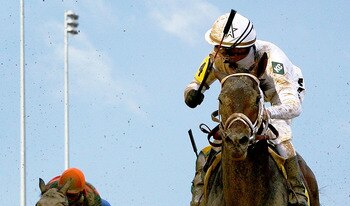 LOUISVILLE, KY - MAY 01:  Calvin Borel atop Super Saver crosses the finish line to win the 136th running of the Kentucky Derby on May 1, 2010 in Louisville, Kentucky.  (Photo by Jamie Squire/Getty Images)