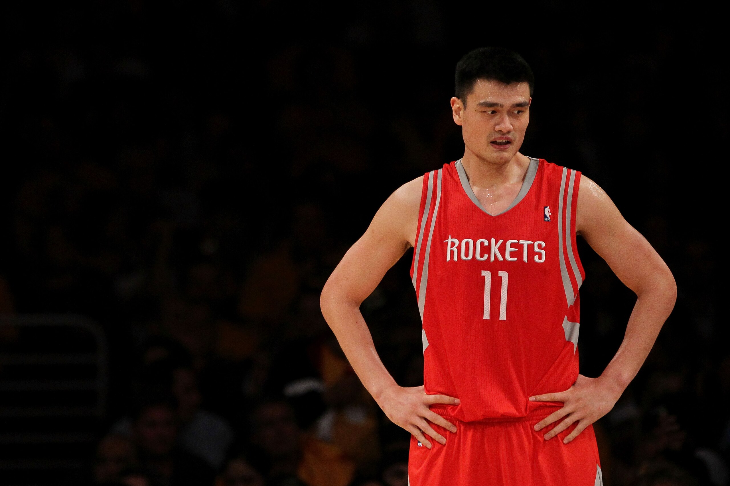 LOS ANGELES, CA - OCTOBER 26: Yao Ming #11 of the Houston Rockets looks on during their opening night game against the Los Angeles Lakers at Staples Center on October 26, 2010 in Los Angeles, California. NOTE TO USER: User expressly acknowledges and agre LOS ANGELES, CA - OCTOBER 26: Yao Ming #11 of the Houston Rockets looks on during their opening night game against the Los Angeles Lakers at Staples Center on October 26, 2010 in Los Angeles, California. NOTE TO USER: User expressly acknowledges and agre