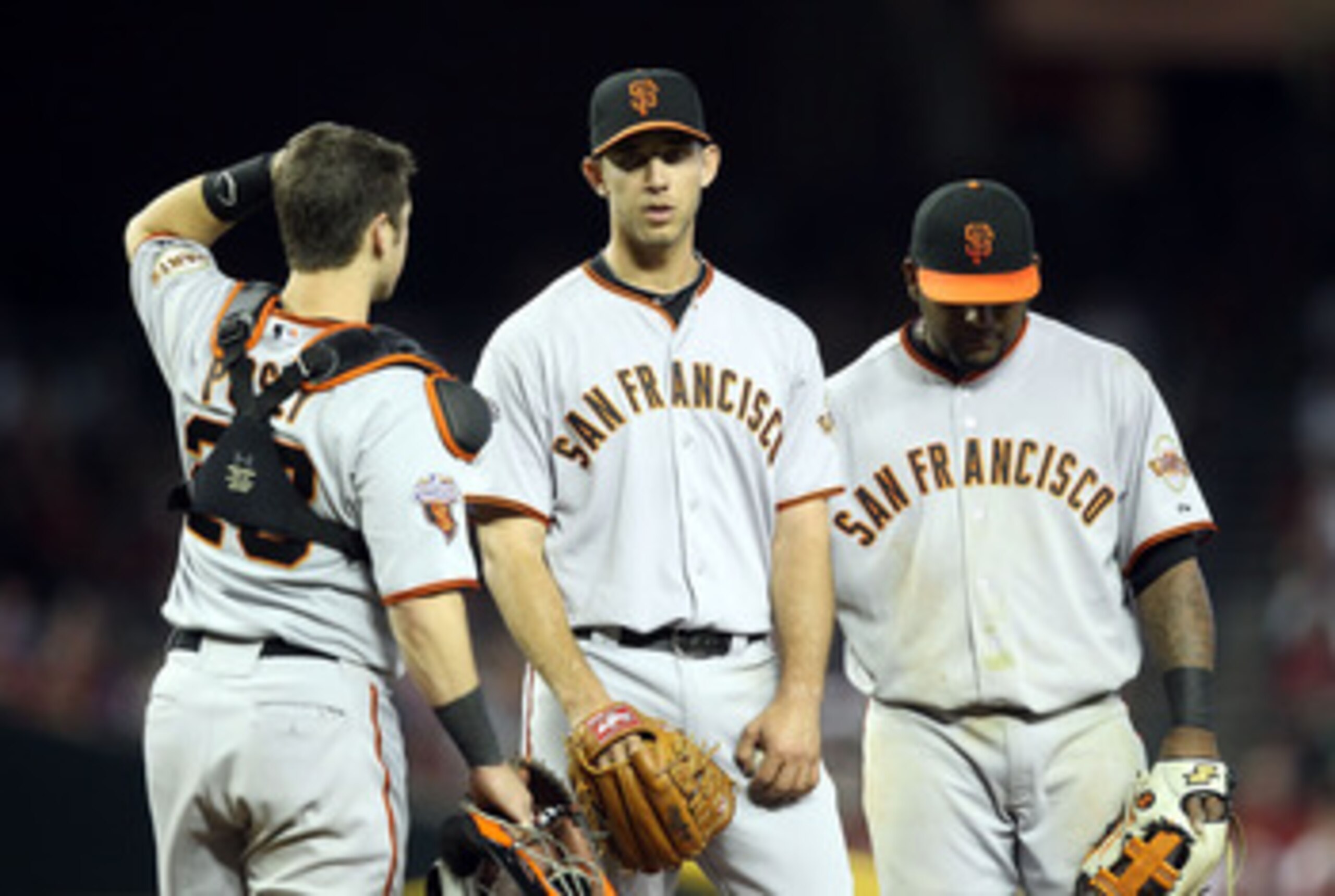 PHOENIX, AZ - APRIL 17:  Starting pitcher Madison Bumgarner #40 of the San Francisco Giants reacts on the mound before being removed from the Major League Baseball game against the Arizona Diamondbacks at Chase Field on April 17, 2011 in Phoenix, Arizona.