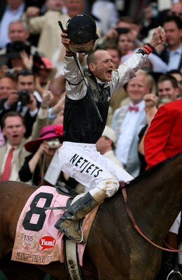 LOUISVILLE, KY - MAY 02:  Jockey Calvin Borel atop Mine That Bird celebrates his win in the 135th running of the Kentucky Derby on May 2, 2009 at Churchill Downs in Louisville, Kentucky.  (Photo by Andy Lyons/Getty Images)