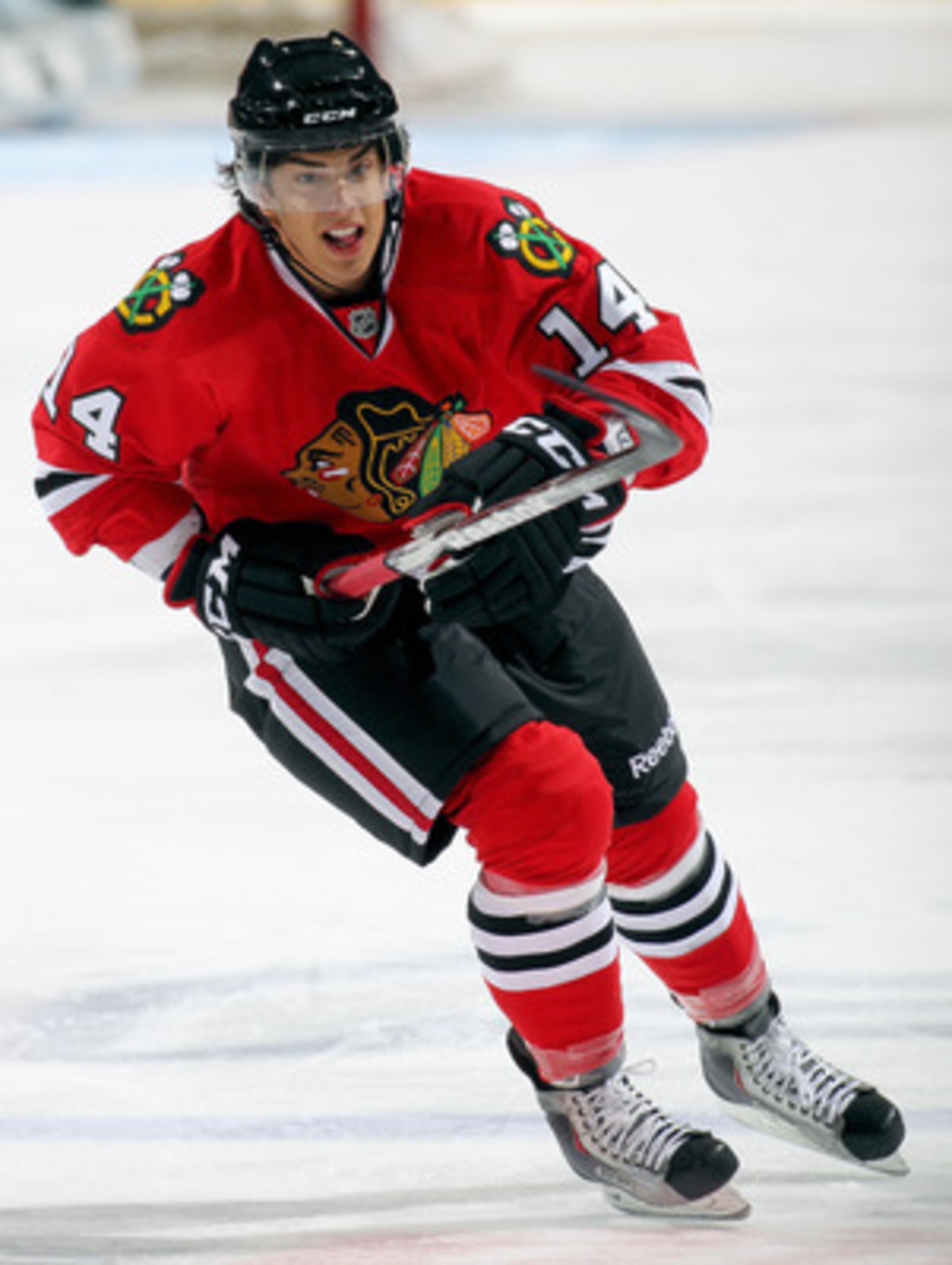 LONDON,ON - SEPTEMBER 14:  Brandon Pirri #14 of the Chicago Black Hawks skates in a game against the Pittsburgh Penguins during the NHL Rookie Tournament on September 14,2010 at the John Labatt Centre in London,Ontario. The Hawks defeated the Penguins 9-5