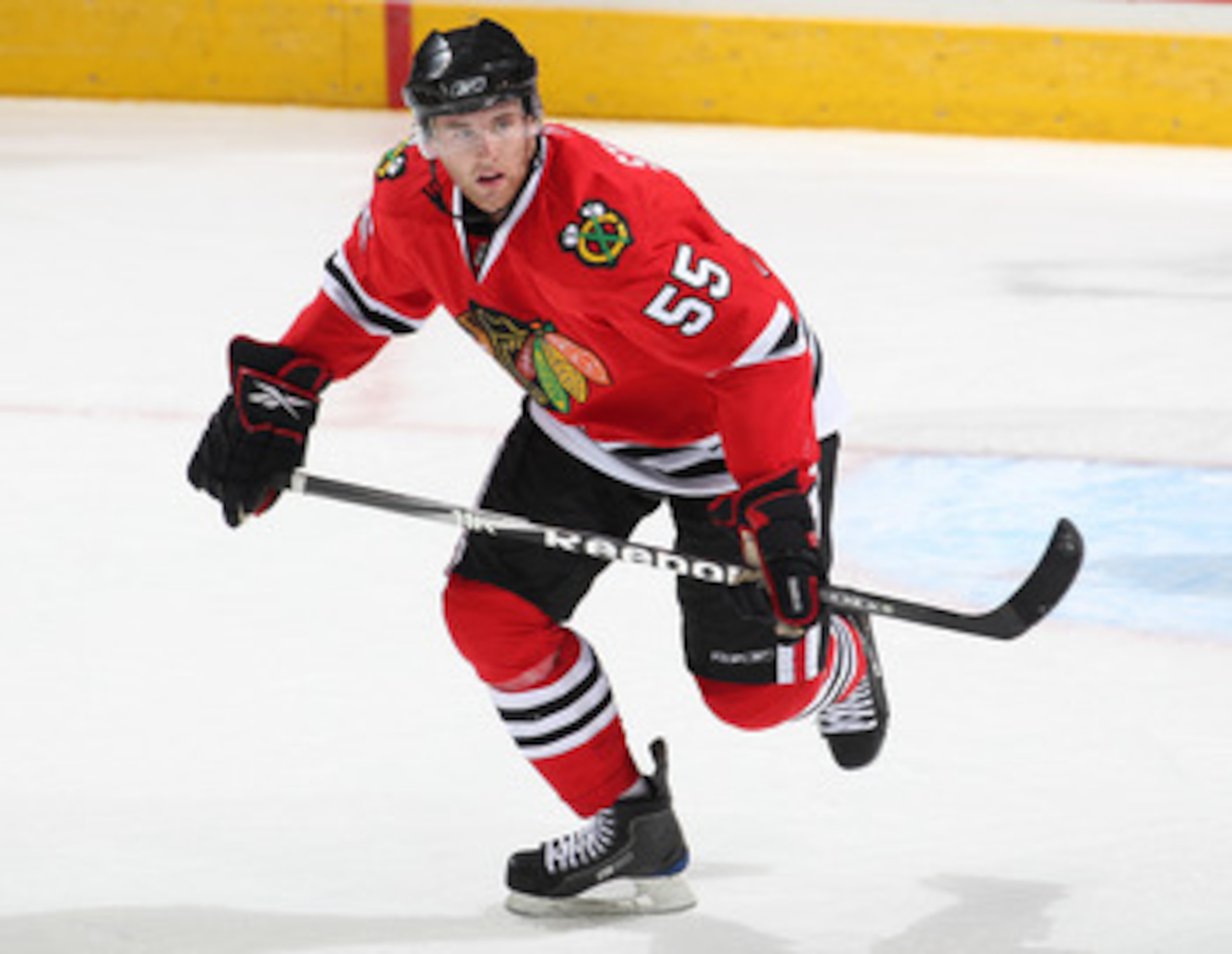 LONDON, CANADA - SEPTEMBER 11:  Ryan Stanton #55 of the Chicago Black Hawks skates in a game against the Toronto Maple Leafs during the NHL Rookie Tournament on September 11,2010 at the John Labatt Centre in London,Ontario. The Leafs defeated the Hawks 6-