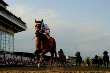 BALTIMORE - MAY 17:  Big Brown, ridden by Kent Desormeaux, crosses the finish line to win the 133rd Preakness Stakes at Pimlico Race Course May 17, 2008 in Baltimore, Maryland.  (Photo by Matthew Stockman/Getty Images)