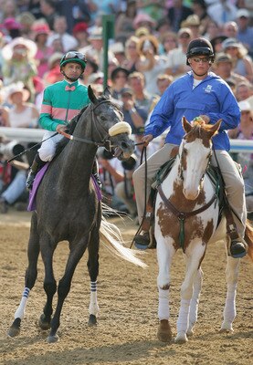 LOUISVILLE, KY - MAY 07:  Jockey, Mike Smith riding Giacomo warms up before the start of the 131st Kentucky Derby on May 7, 2005 at Churchill Downs in Louisville, Kentucky.  Giacomo and Mike Smith won the 131st Kentucky Derby.  (Photo by Matthew Stockman/