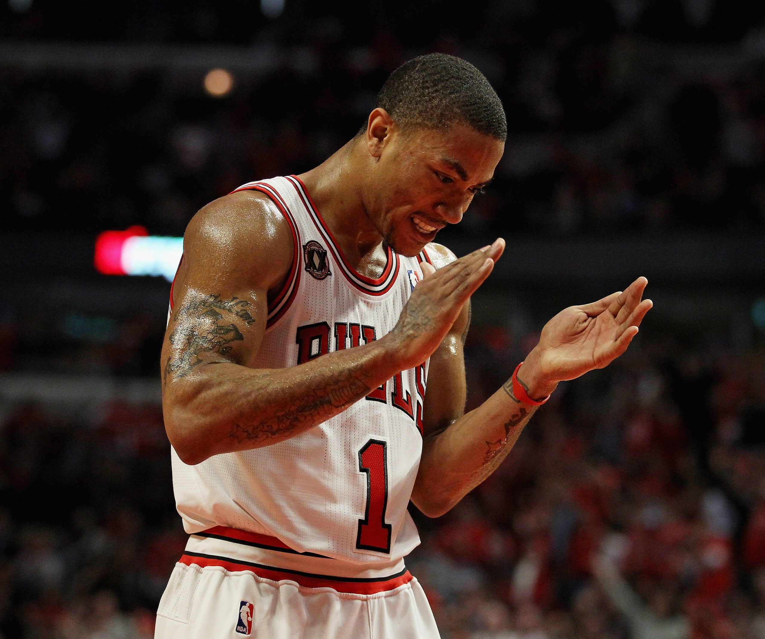CHICAGO, IL - APRIL 26: Derrick Rose #1 of the Chicago Bulls claps while celebrating a play against the Indiana Pacers in Game Five of the Eastern Conference Quarterfinals in the 2011 NBA Playoffs at the United Center on April 26, 2011 in Chicago, Illinoi