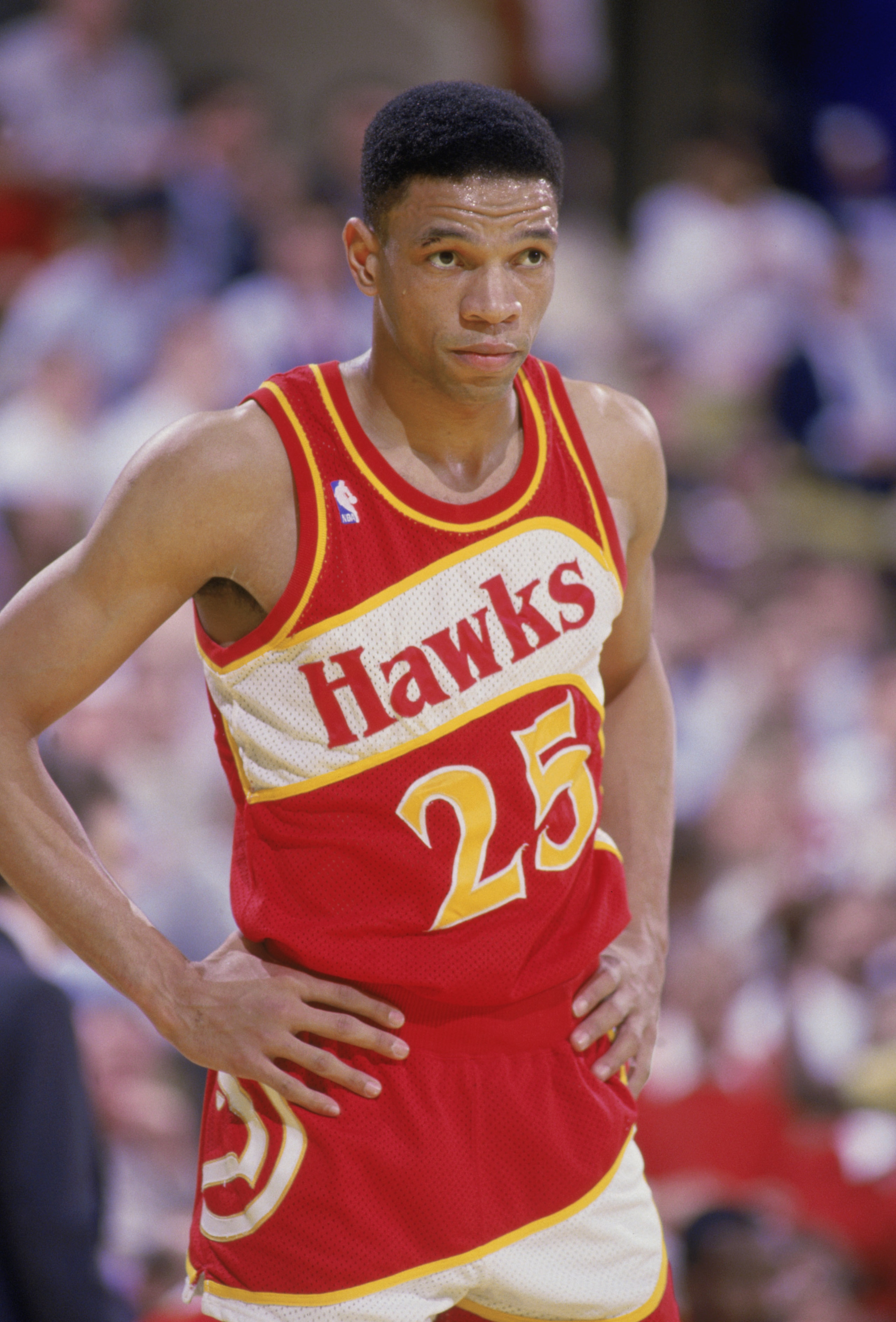INGLEWOOD, CA - 1987:  Glenn 'Doc' Rivers #25 of the Atlanta Hawks stands on the court during a NBA game against the Los Angeles Lakers at the Great Western Forum in Inglewood, California in 1987.  (Photo by Stephen Dunn/Getty Images)
