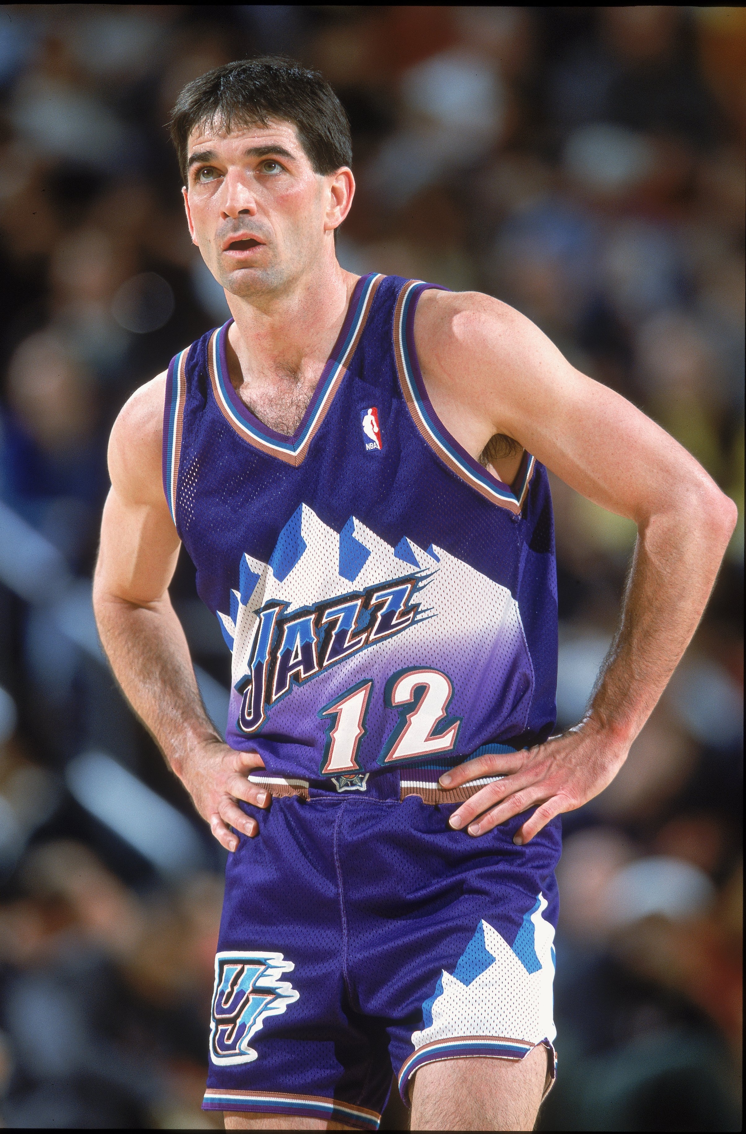 23 Feb 2001:  John Stockton #12 of the Utah Jazz looks on during the game against the Seattle SuperSonics at the Key Arena in Seattle, Washington.  The Jazz defeated the SuperSonics 96-84.  NOTE TO USER: It is expressly understood that the only rights All