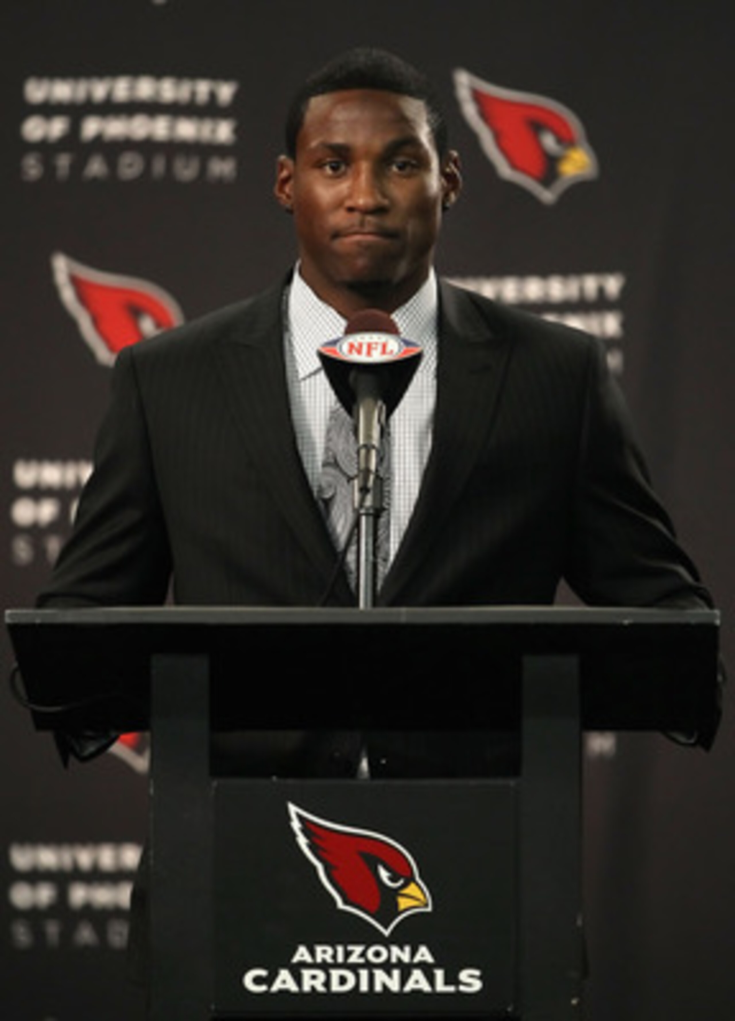 TEMPE, AZ - APRIL 29:  First round draft pick Patrick Peterson of the Arizona Cardinals speaks during a press conference to introduce him at the team's training center auditorium on April 29, 2011 in Tempe, Arizona.  (Photo by Christian Petersen/Getty Ima