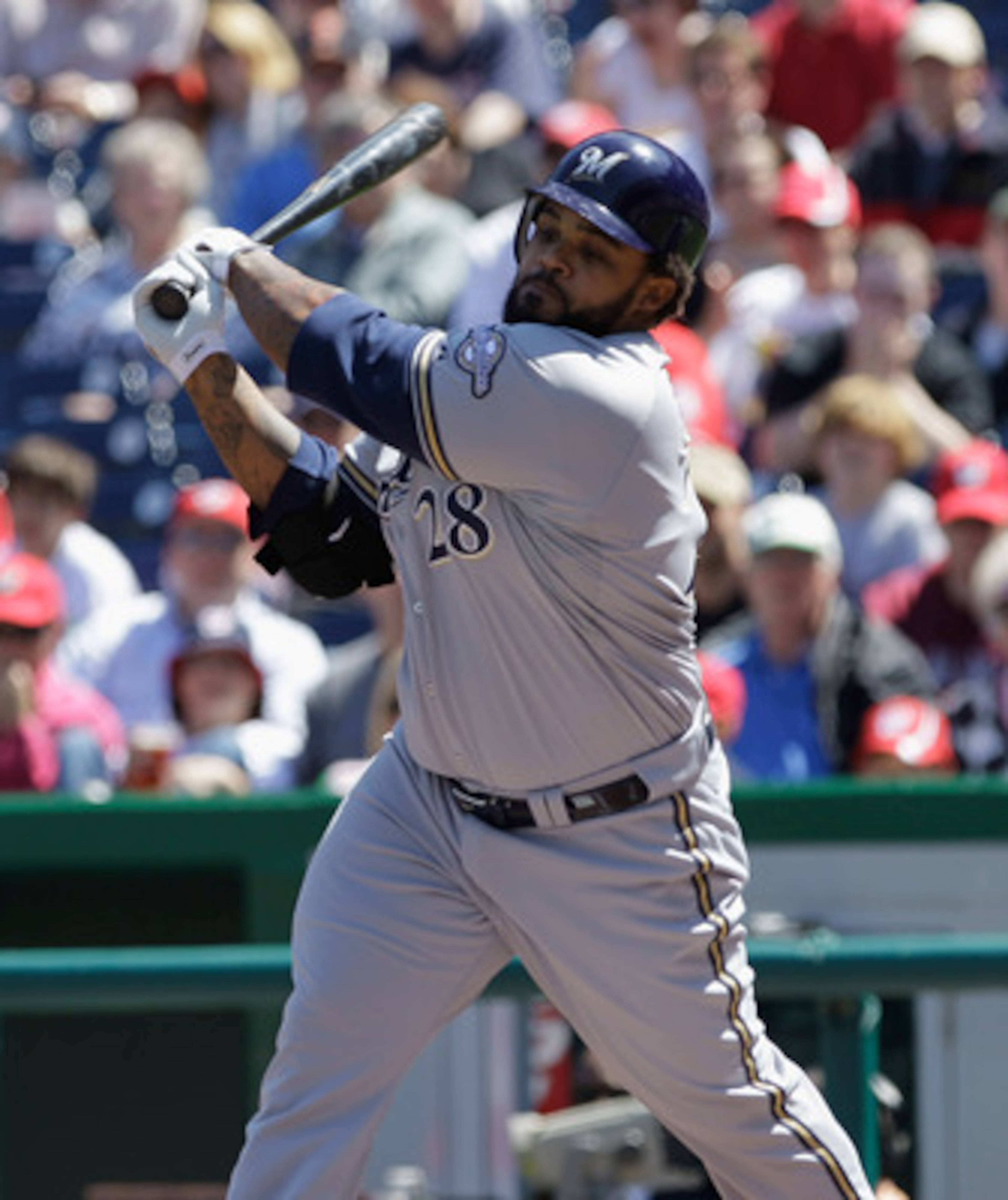 WASHINGTON, DC - APRIL 17: Prince Fielder #28 of the Milwaukee Brewers strikes out against the Washington Nationals at Nationals Park on April 17, 2011 in Washington, DC.  (Photo by Rob Carr/Getty Images)