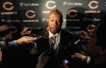 LAKE FOREST, IL - APRIL 26: Head coach Lovie Smith of the Chicago Bears speaks to media during the 2010 Brian Piccolo Award ceremony at Halas Hall on April 26, 2011 in Lake Forest, Illinois. Players participated in the ceremony one day after a federal jud