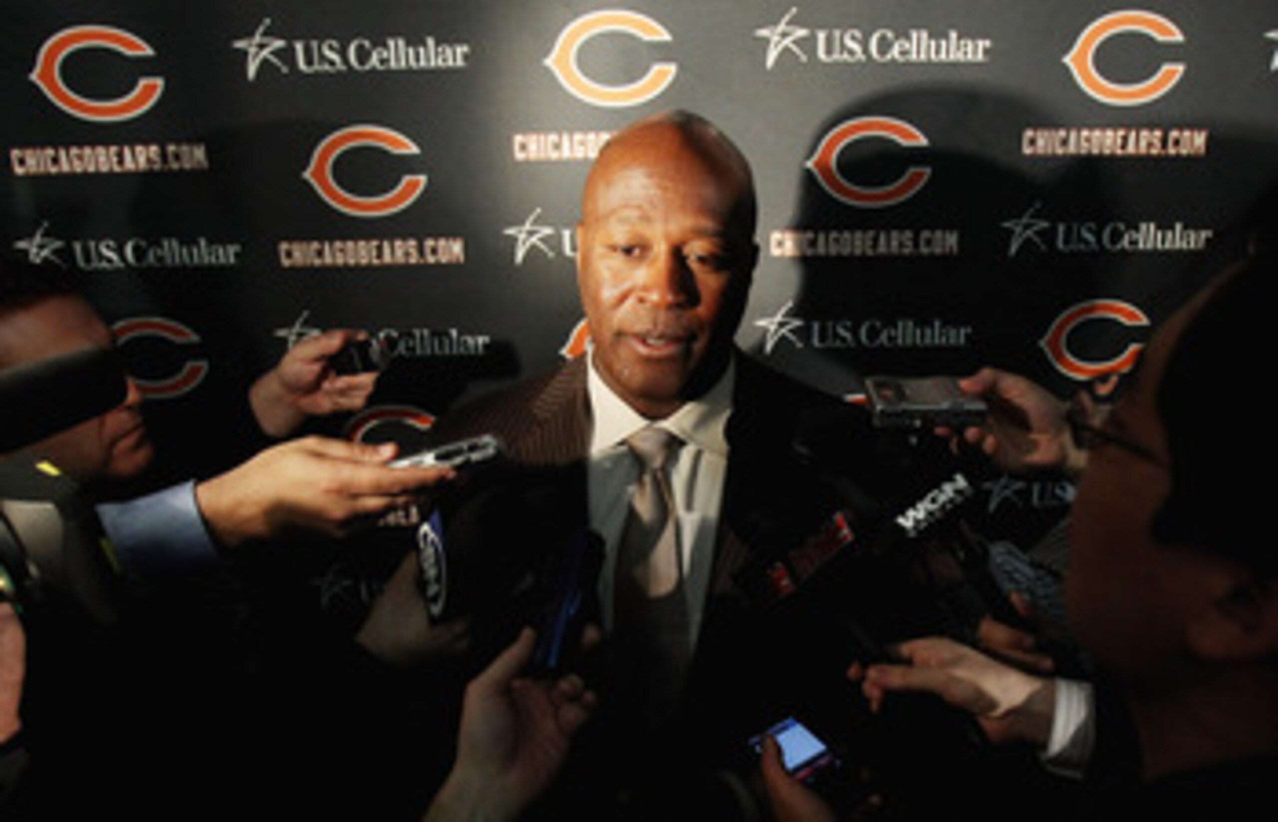 LAKE FOREST, IL - APRIL 26: Head coach Lovie Smith of the Chicago Bears speaks to media during the 2010 Brian Piccolo Award ceremony at Halas Hall on April 26, 2011 in Lake Forest, Illinois. Players participated in the ceremony one day after a federal jud