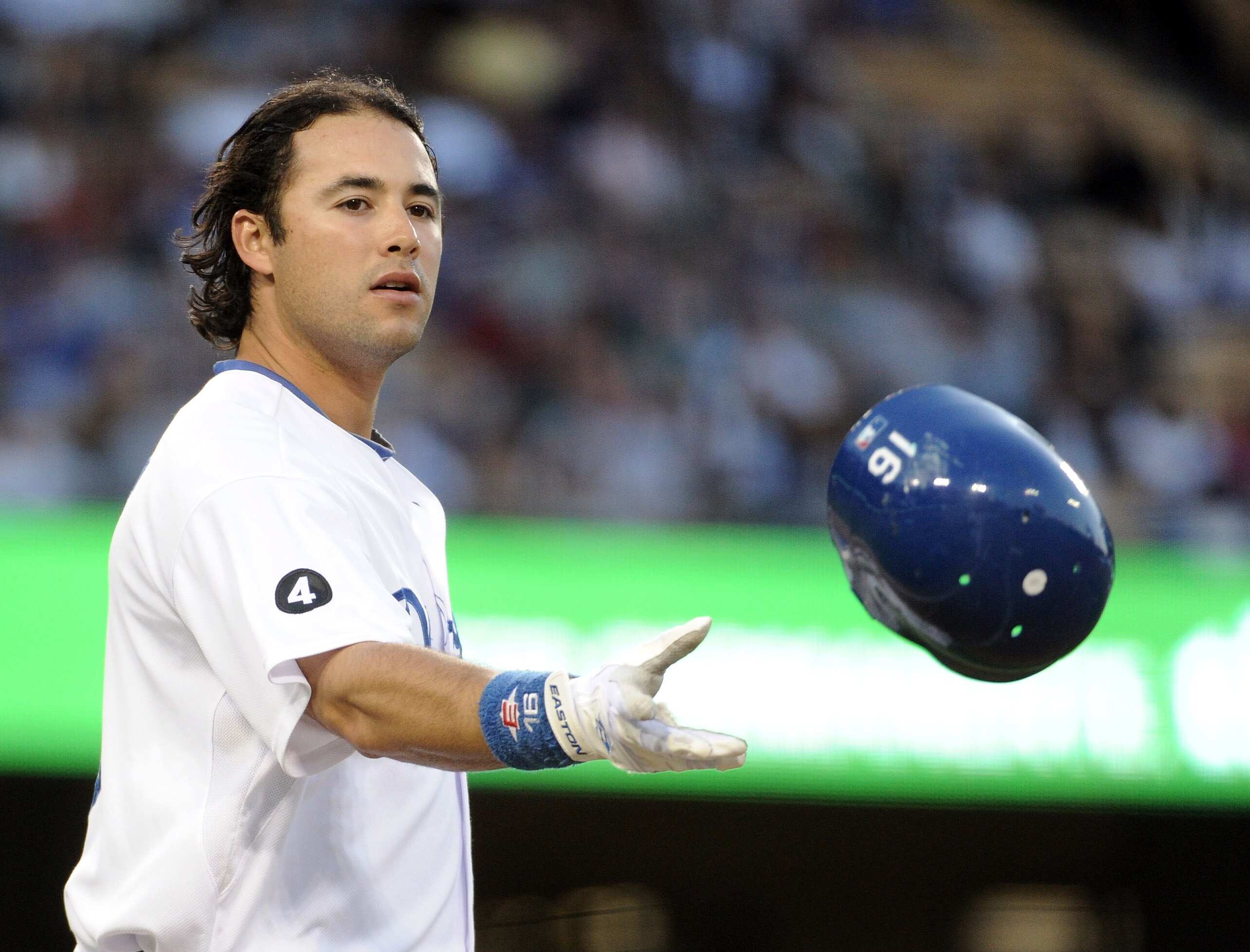LOS ANGELES, CA - APRIL 30:  Andre Ethier #16 of the Los Angeles Dodgers tosses his helmet in reaction to his strikeout against the San Diego Padres during the first inning at Dodger Stadium on April 30, 2011 in Los Angeles, California.  (Photo by Harry H
