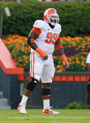 AUBURN, AL - SEPTEMBER 18:  Jarvis Jenkins #99 of the Clemson Tigers against the Auburn Tigers at Jordan-Hare Stadium on September 18, 2010 in Auburn, Alabama.  (Photo by Kevin C. Cox/Getty Images)