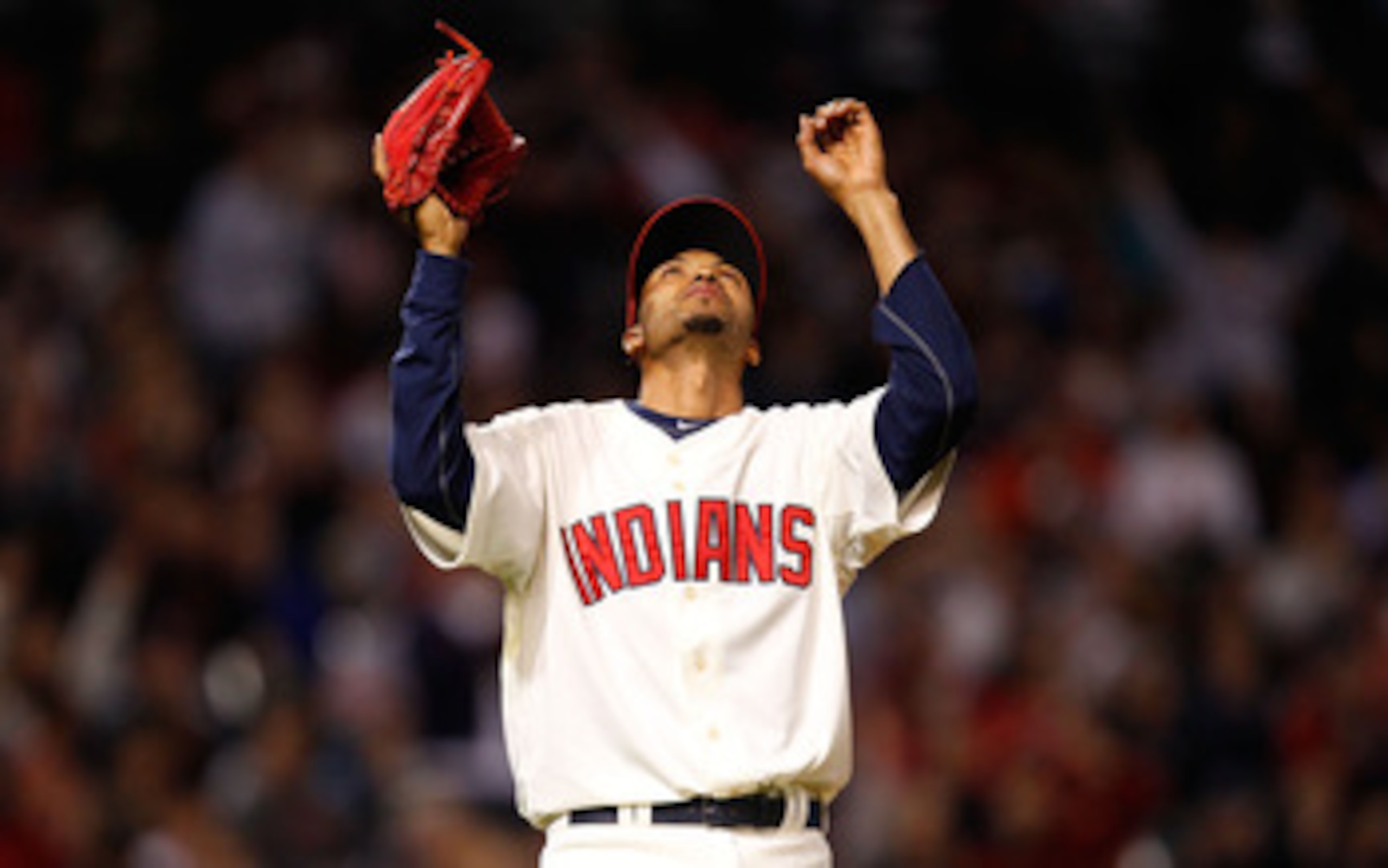 CLEVELAND - APRIL 30:  Rafael Perez #53 of the Cleveland Indians celebrates after completing an inning against the Detroit Tigers during the game on April 30, 2011 at Progressive Field in Cleveland, Ohio.  (Photo by Jared Wickerham/Getty Images)