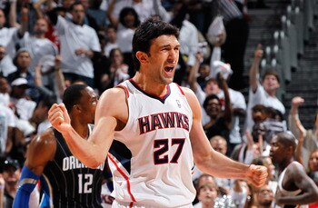 ATLANTA, GA - APRIL 28:  Zaza Pachulia #27 of the Atlanta Hawks reacts after a basket against the Orlando Magic due to a turnover he forced during Game Six of the Eastern Conference Quarterfinals in the 2011 NBA Playoffs at Philips Arena on April 28, 2011