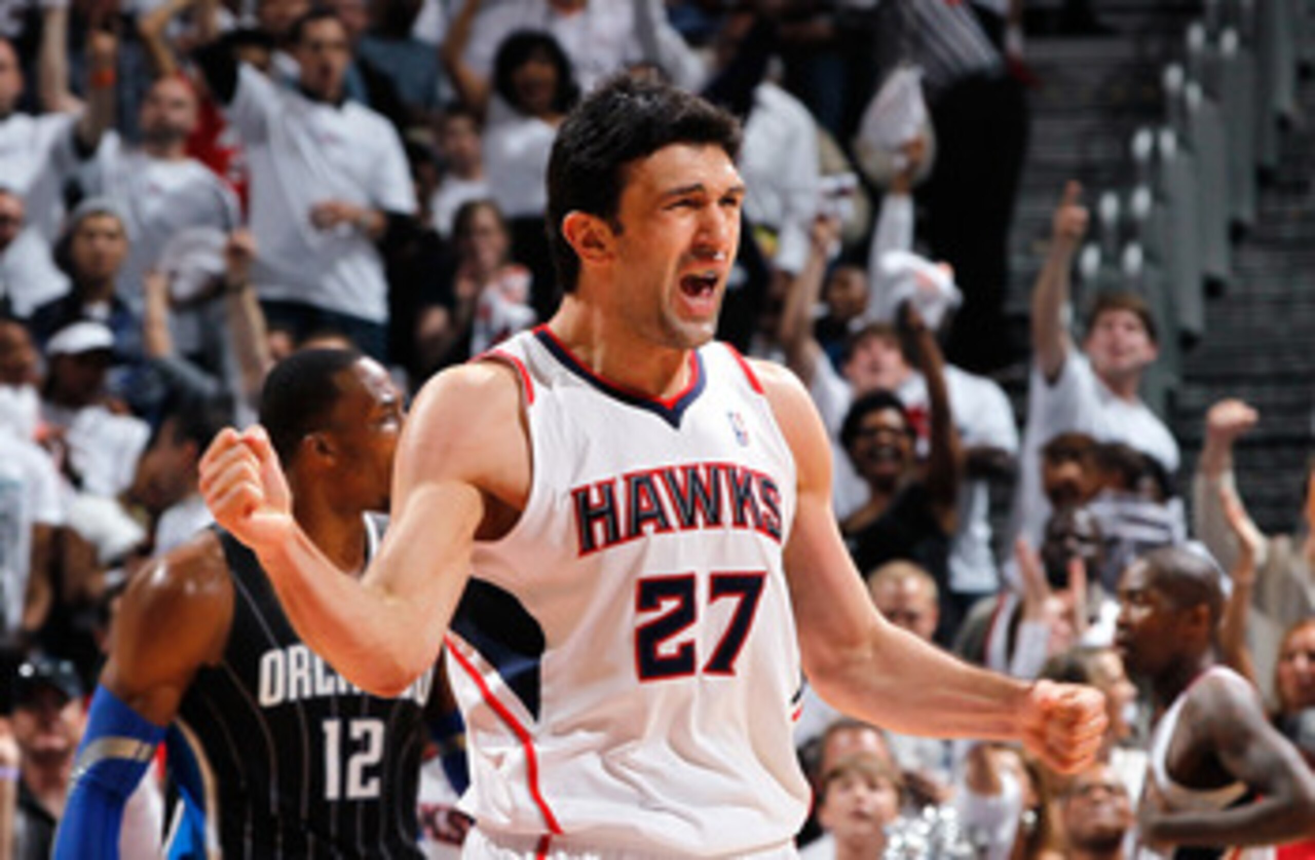ATLANTA, GA - APRIL 28:  Zaza Pachulia #27 of the Atlanta Hawks reacts after a basket against the Orlando Magic due to a turnover he forced during Game Six of the Eastern Conference Quarterfinals in the 2011 NBA Playoffs at Philips Arena on April 28, 2011