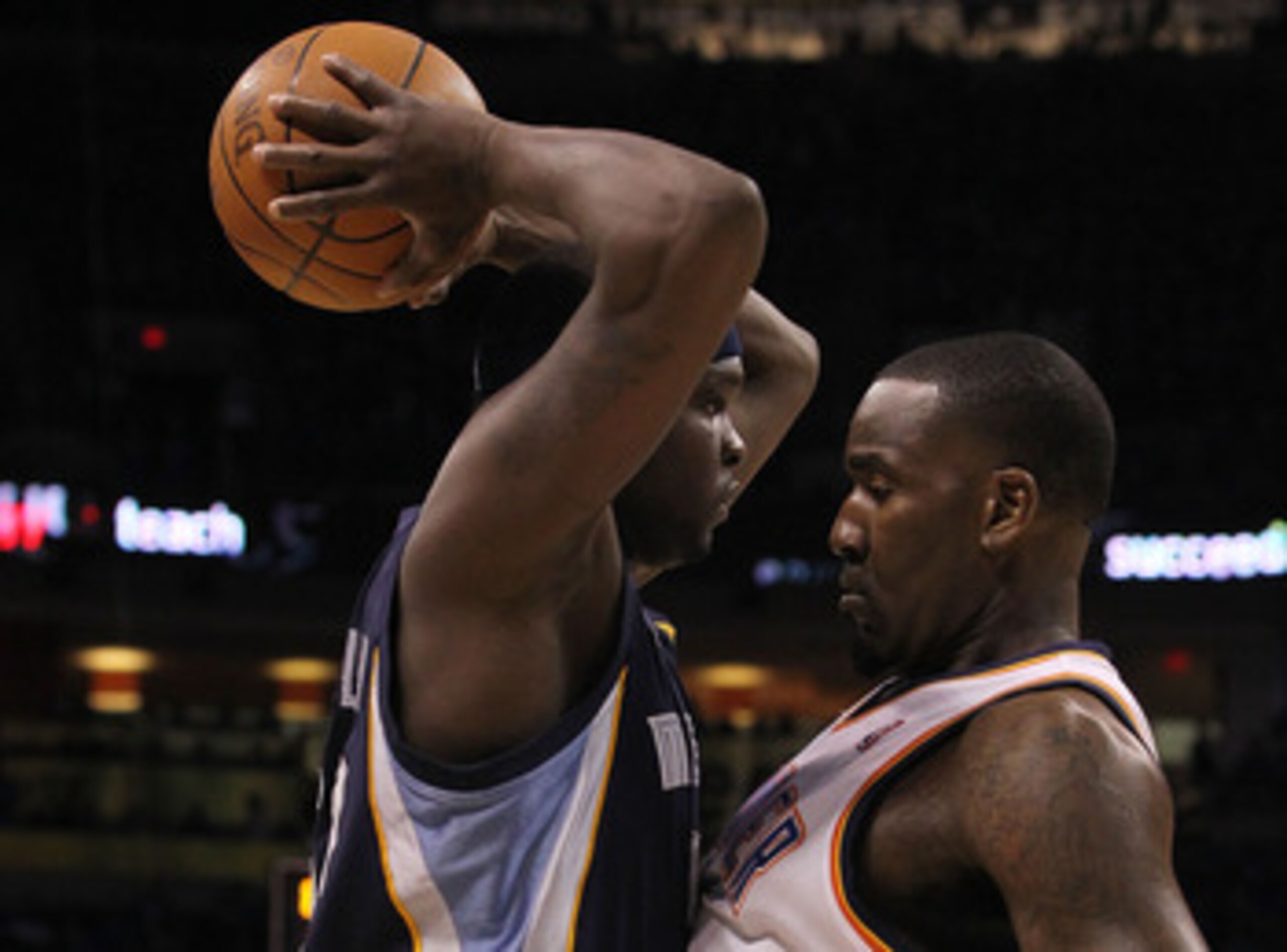 OKLAHOMA CITY, OK - MAY 01:  (L-R) Zach Randolph #50 of the Memphis Grizzlies is fouled by Kendrick Perkins #5 of the Oklahoma City Thunder in Game One of the Western Conference Semifinals in the 2011 NBA Playoffs on May 1, 2011 at Oklahoma City Arena in