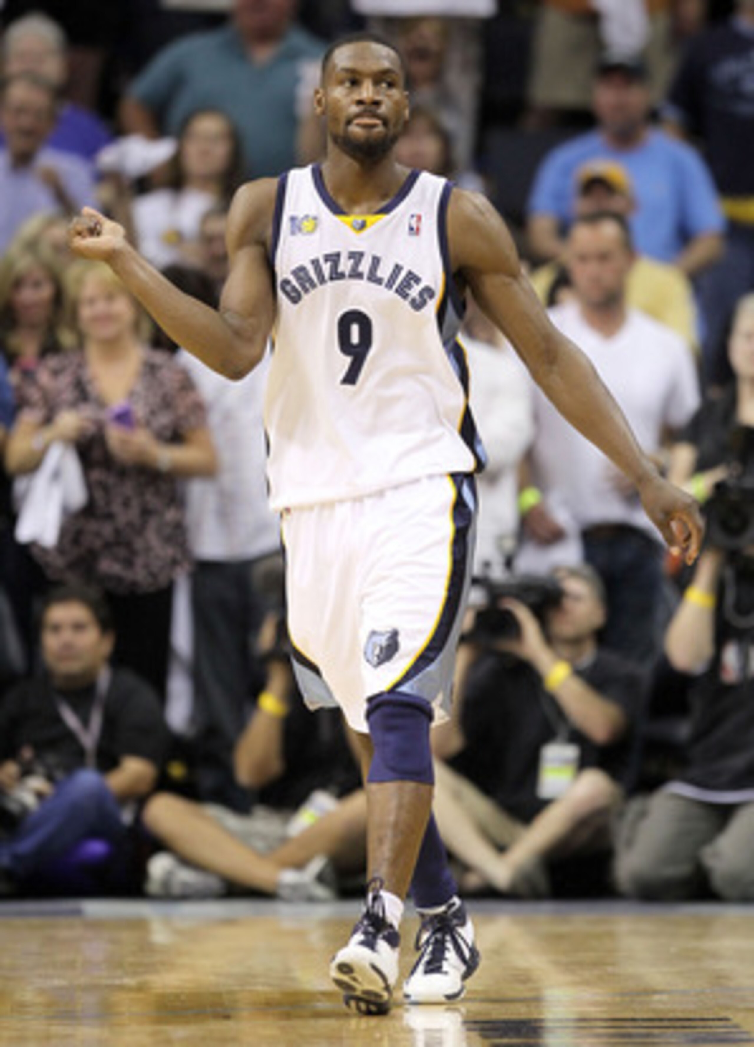 MEMPHIS, TN - APRIL 29:  Tony Allen #9 of the Memphis Grizzlies celebrates during the Grizzlies 99-91 win over the San Antonio Spurs  in Game Six of the Western Conference Quarterfinals in the 2011 NBA Playoffs at FedExForum on April 29, 2011 in Memphis,