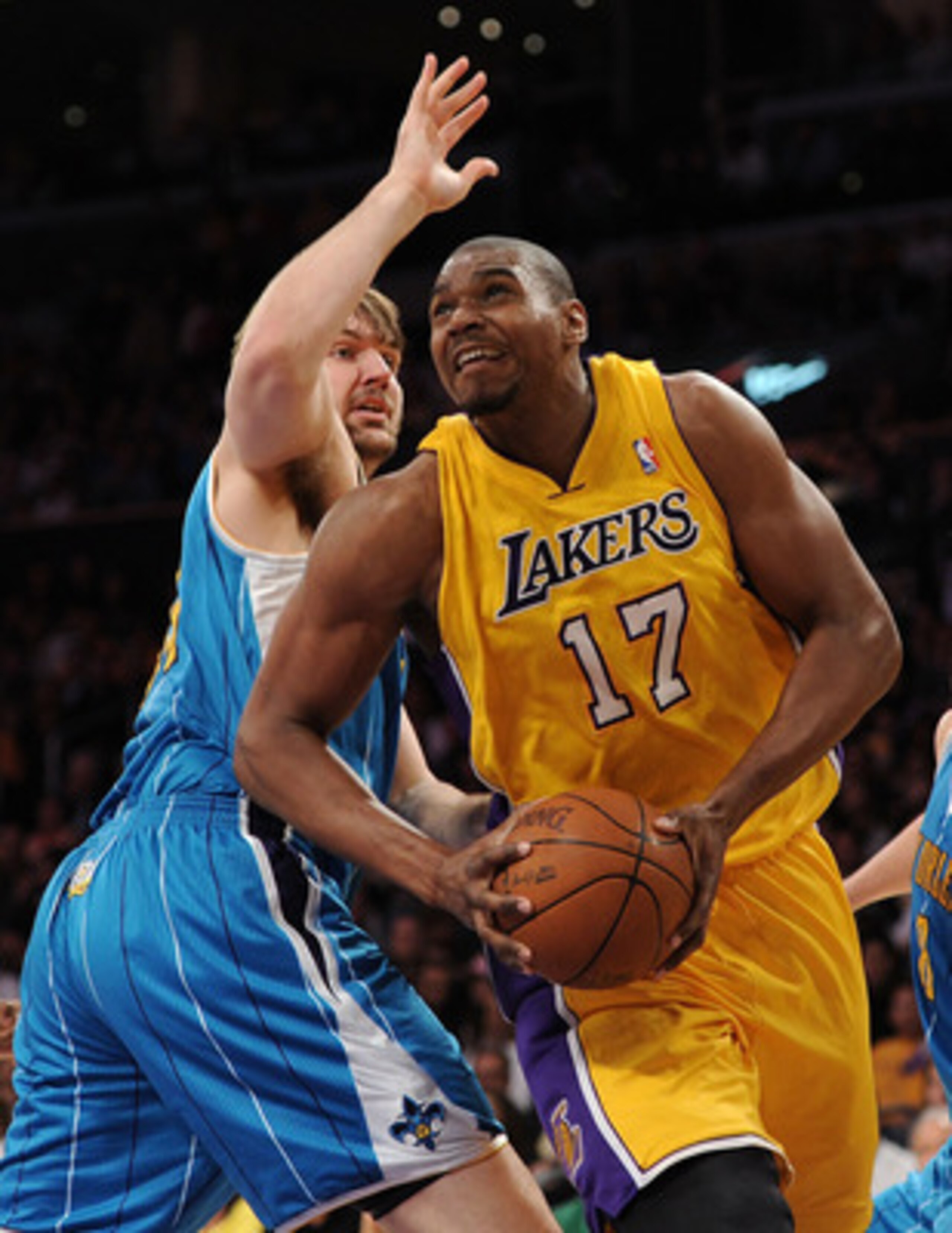 LOS ANGELES, CA - APRIL 20:  Andrew Bynum #17 of the Los Angeles Lakers makes a move on Aaron Gray #34 of the New Orleans Hornets in Game Two of the Western Conference Quarterfinals in the 2011 NBA Playoffs on April 20, 2011 at Staples Center in Los Angel