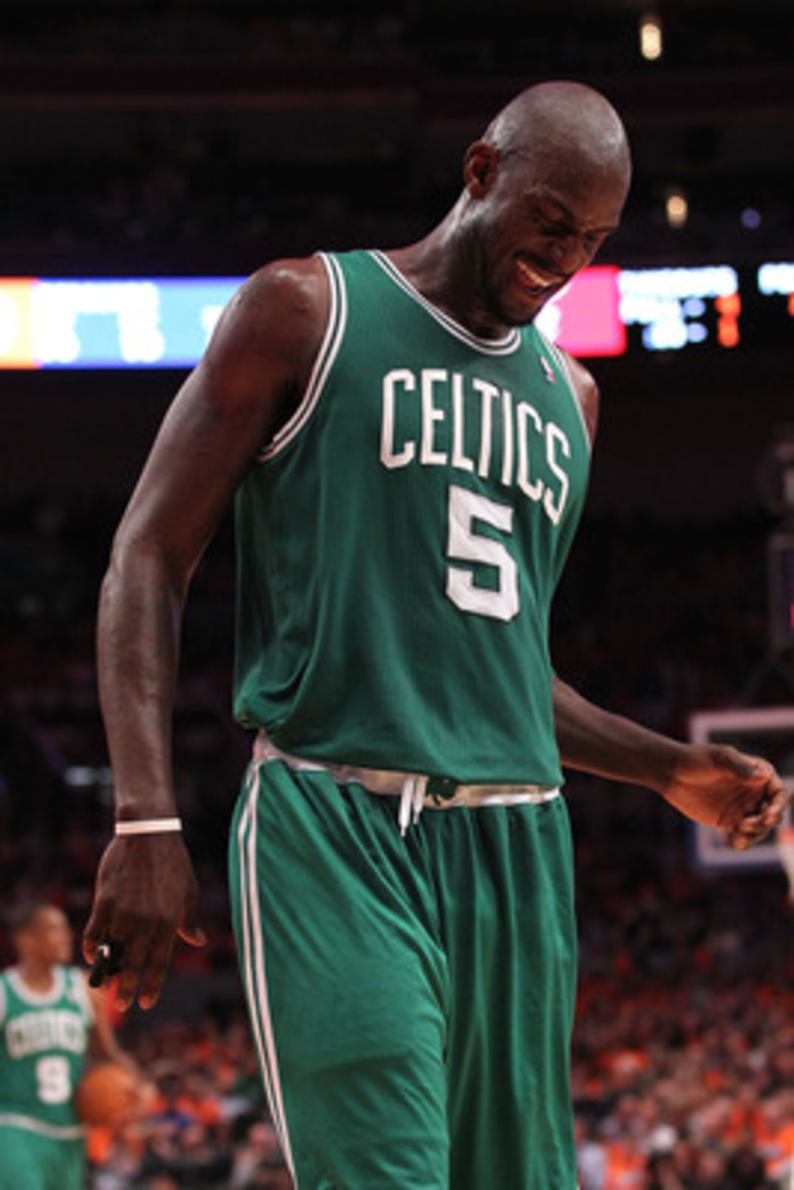 NEW YORK, NY - APRIL 24:  Kevin Garnett #5 of the Boston Celtics reacts against the New York Knicks in Game Four of the Eastern Conference Quarterfinals during the 2011 NBA Playoffs on April 24, 2011 at Madison Square Garden in New York City. The Celtics