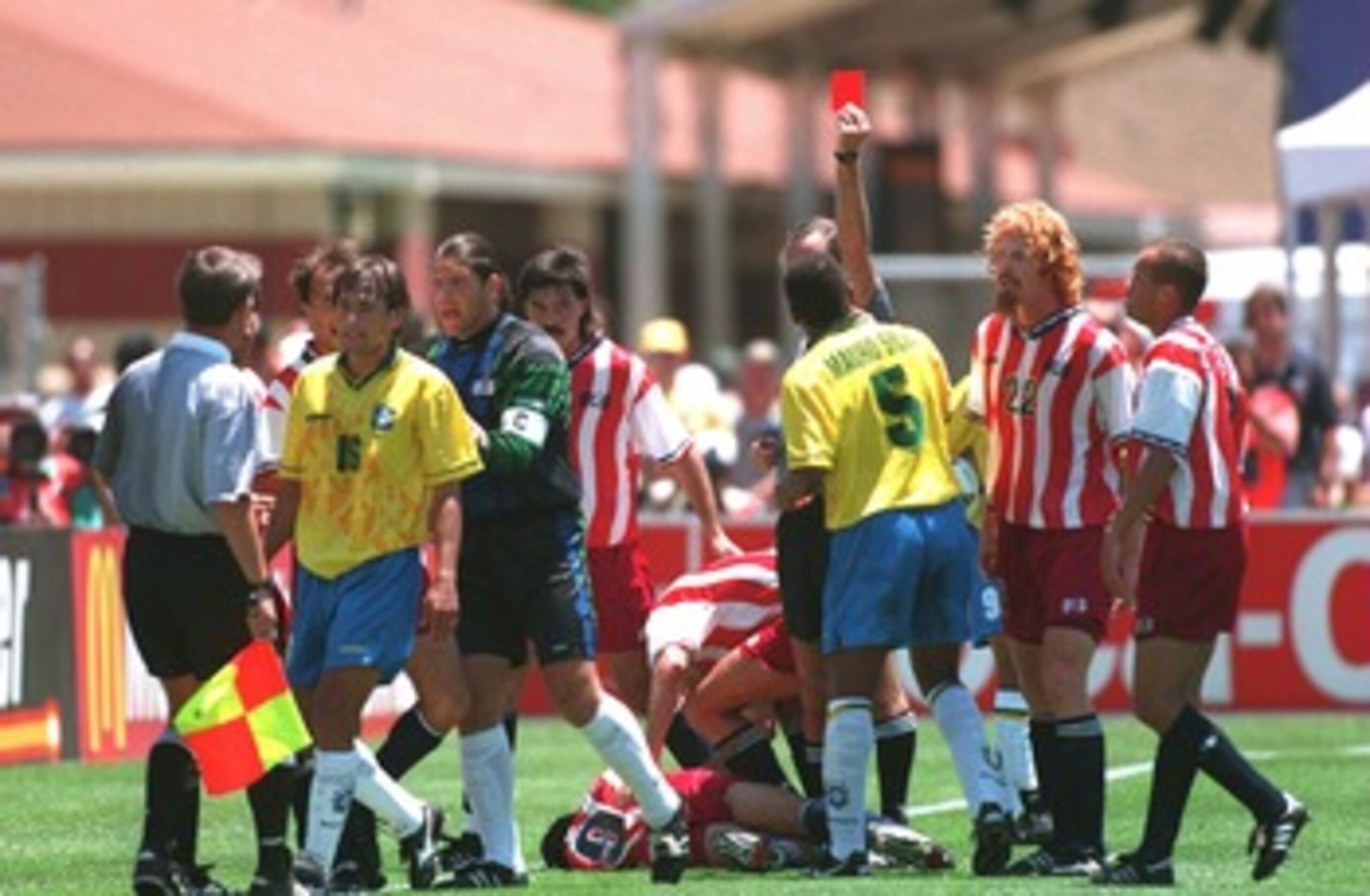 4 JUL 1994:  LEONARDO OF BRAZIL #16 ARGUES WITH THE LINESMAN AFTER BEING SENT OFF FOR AN ELBOW TO THE HEAD OF TAB RAMOS #9 OF THE USA DURING THE BRAZIL VERSUS USA MATCH IN THE 1994 WORLD CUP FINALS SECOND ROUND MATCH AT STANFORD STADIUM IN PALO ALTO, CALI
