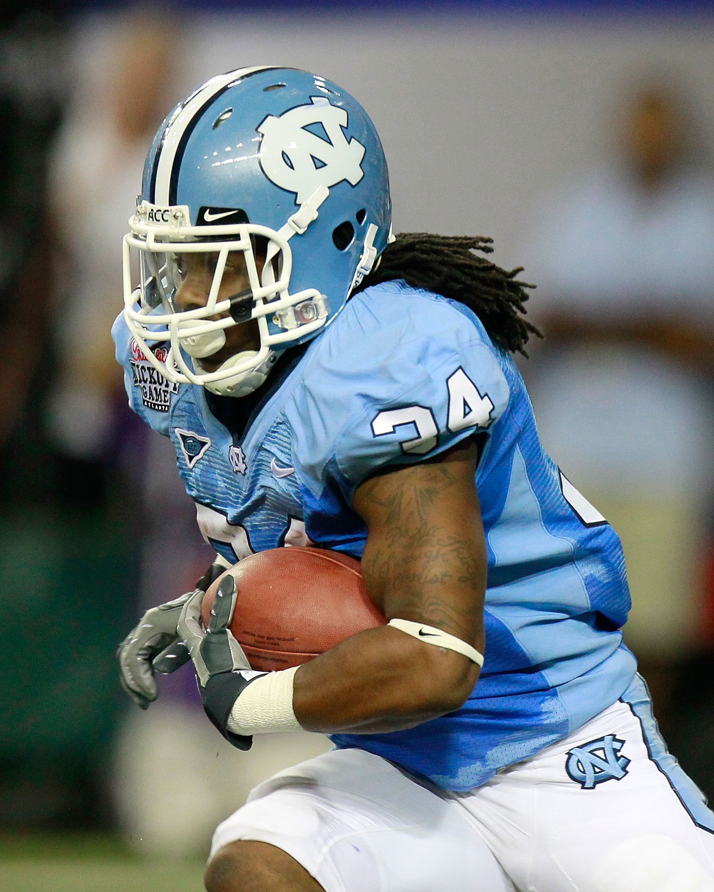 ATLANTA - SEPTEMBER 04:  Johnny White #34 of the North Carolina Tar Heels against the LSU Tigers during the Chick-fil-A Kickoff Game at Georgia Dome on September 4, 2010 in Atlanta, Georgia.  (Photo by Kevin C. Cox/Getty Images)