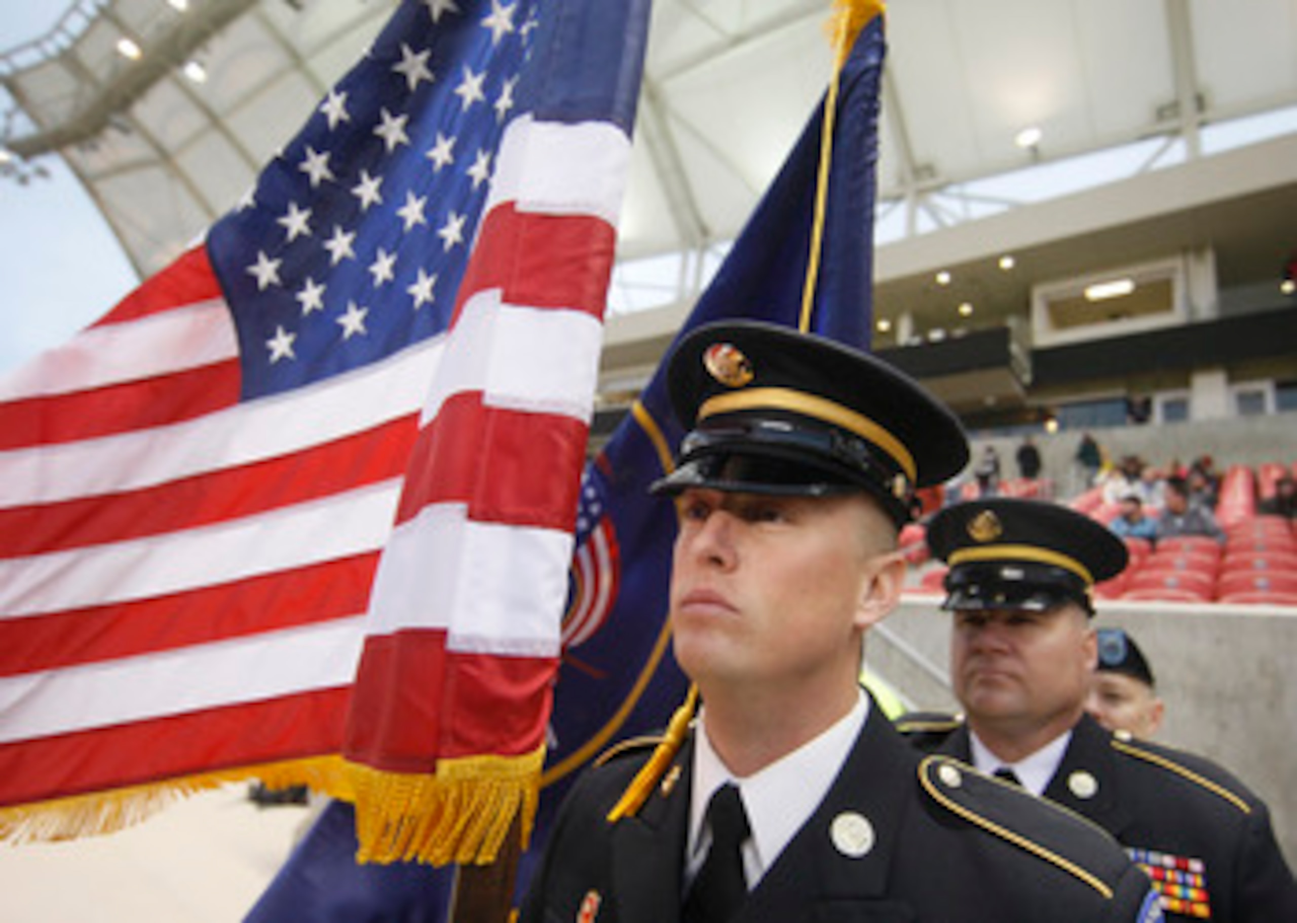 SANDY, UT - APRIL 13: Soldiers stand at attention as the national Anthem is played before a game against  Real Salt Lake and the Colorado Rapids during the first half of an MLS soccer game April 13, 2010 at Rio Tinto Stadium in Sandy, Utah. (Photo by Geor