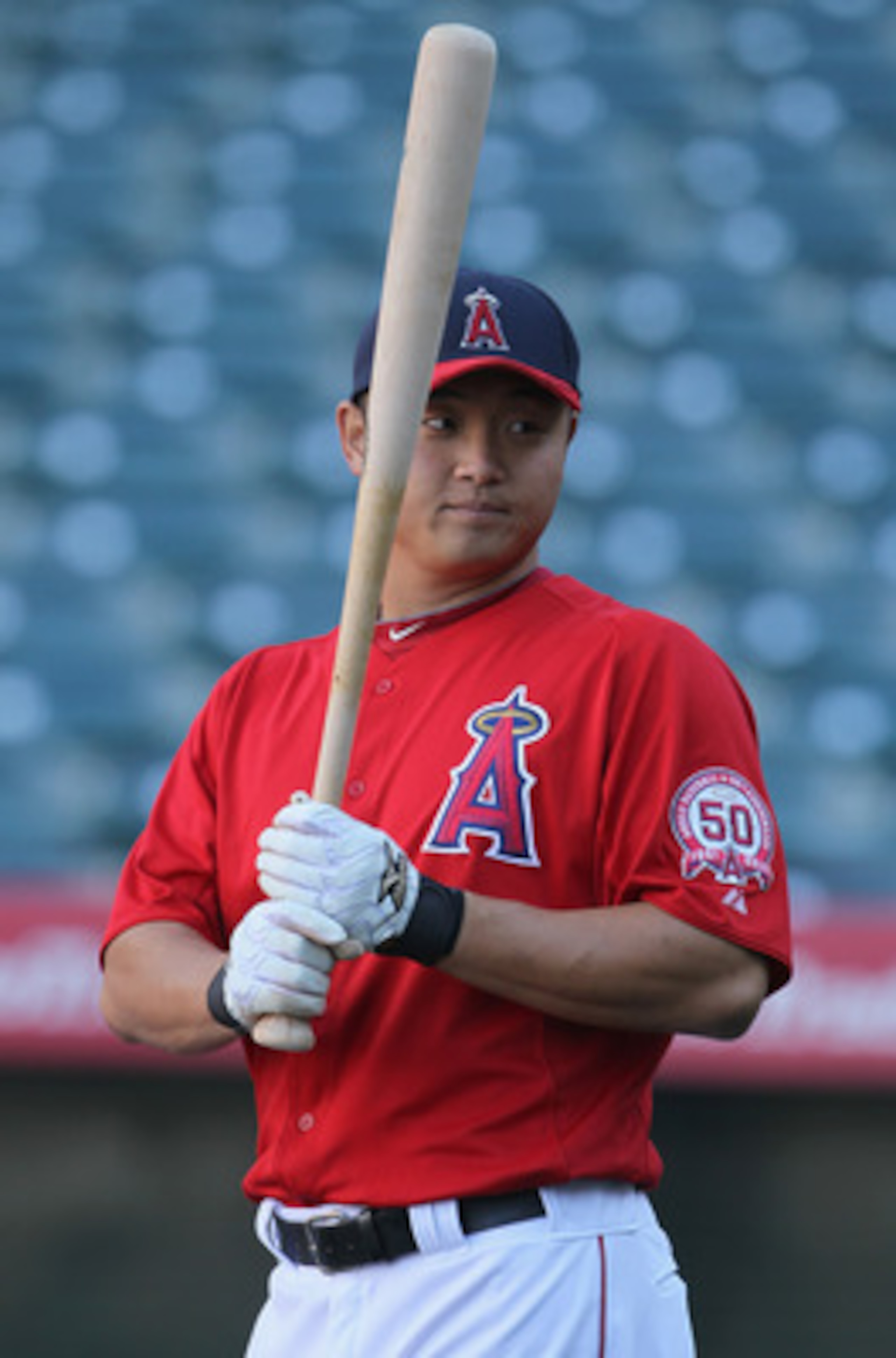 ANAHEIM, CA - APRIL 08:  Hank Conger #16 of the Los Angeles Angels of Anaheim looks on prior to the start of the game against the Toronto Blue Jays at Angel Stadium of Anaheim on April 8, 2011 in Anaheim, California.  (Photo by Jeff Gross/Getty Images)