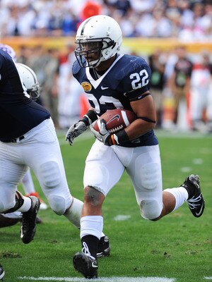 TAMPA, FL - JANUARY 1:  Running back Evan Royster #22 of the Penn State Nittany Lions rushes upfield against the Florida Gators January 1, 2010 in the 25th Outback Bowl at Raymond James Stadium in Tampa, Florida.  (Photo by Al Messerschmidt/Getty Images)