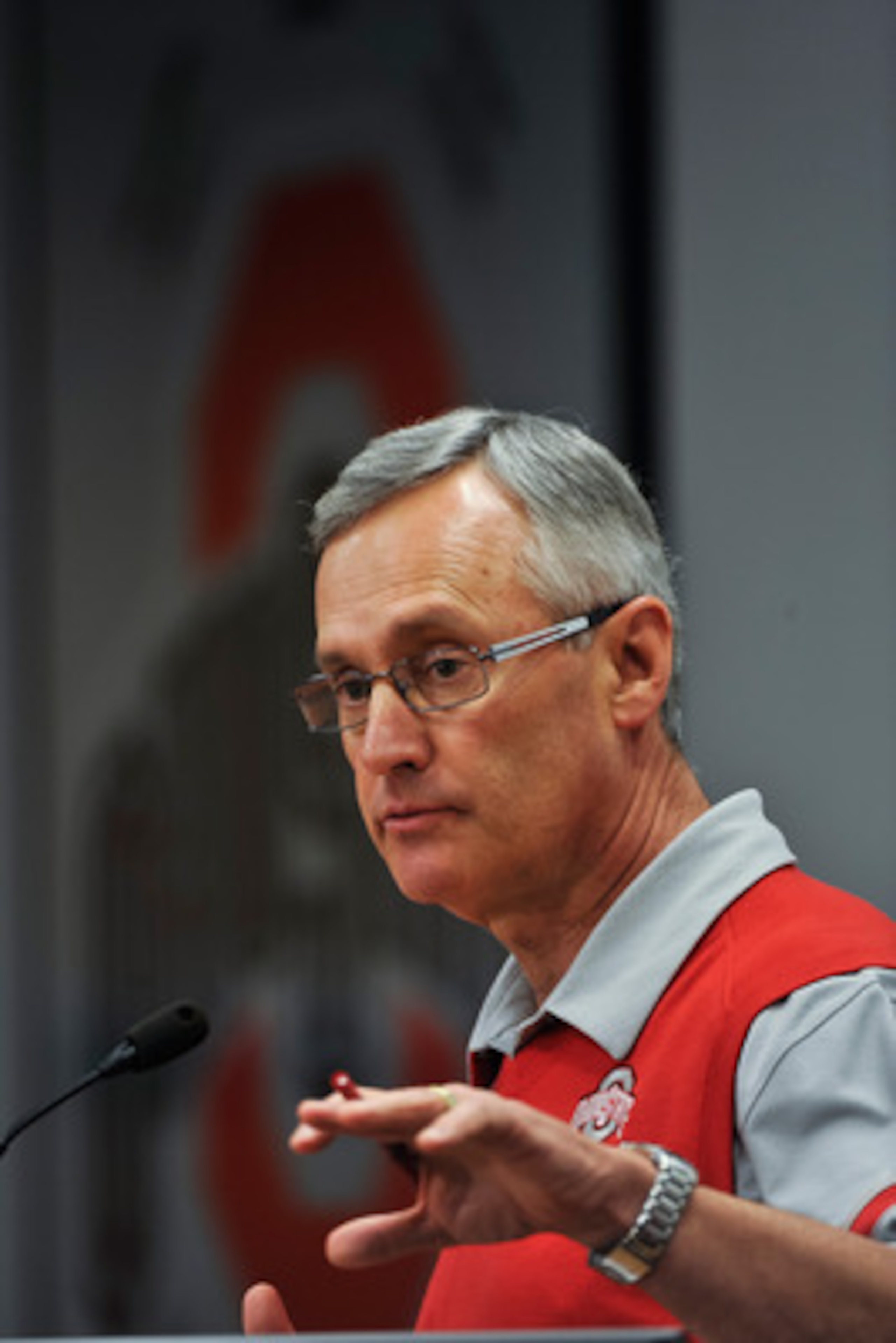 COLUMBUS, OH - MARCH 30:  Head Coach Jim Tressel speaks to the media during a press conference before the start of Spring practices at the Woody Hayes Athletic Center at The Ohio State University on March 30, 2011 in Columbus, Ohio. (Photo by Jamie Sabau/