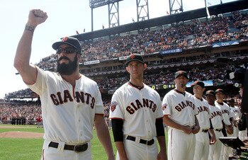 SAN FRANCISCO, CA - APRIL 08: Brian Wilson #38 of the San Francisco Giants greets fans before the start of the game against the St. Louis Cardinals at AT&T Park on April 8, 2011 in San Francisco, California. (Photo by Marcio Jose Sanchez-Pool/Getty Imag SAN FRANCISCO, CA - APRIL 08: Brian Wilson #38 of the San Francisco Giants greets fans before the start of the game against the St. Louis Cardinals at AT&T Park on April 8, 2011 in San Francisco, California. (Photo by Marcio Jose Sanchez-Pool/Getty Imag