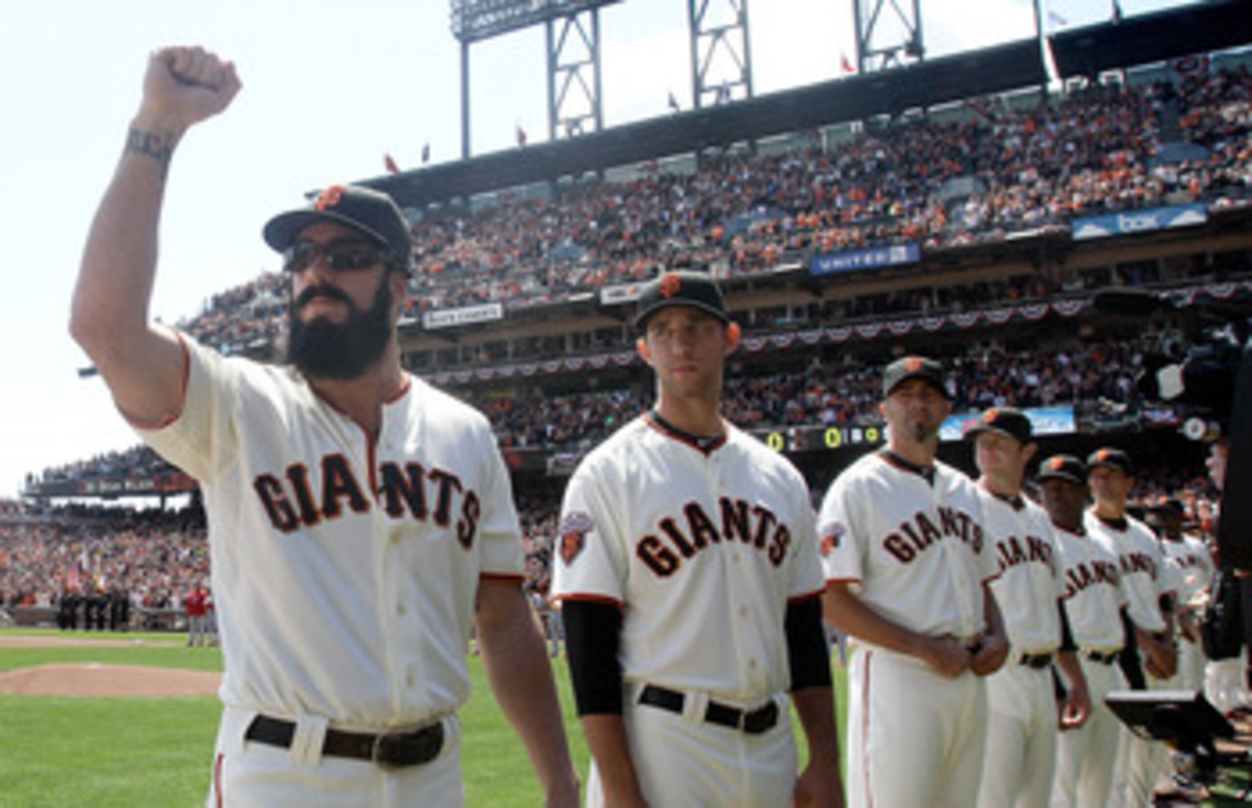 SAN FRANCISCO, CA - APRIL 08:  Brian Wilson #38 of the San Francisco Giants greets fans before the start of the game against the St. Louis Cardinals at AT&T Park on April 8, 2011 in San Francisco, California.  (Photo by Marcio Jose Sanchez-Pool/Getty Imag