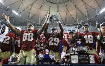 ATLANTA, GA - DECEMBER 31: Head coach Jimbo Fisher and the Florida State Seminoles reacts after their 26-17 win over the South Carolina Gamecocks during the 2010 Chick-fil-A Bowl at Georgia Dome on December 31, 2010 in Atlanta, Georgia. (Photo by Kevin ATLANTA, GA - DECEMBER 31: Head coach Jimbo Fisher and the Florida State Seminoles reacts after their 26-17 win over the South Carolina Gamecocks during the 2010 Chick-fil-A Bowl at Georgia Dome on December 31, 2010 in Atlanta, Georgia. (Photo by Kevin