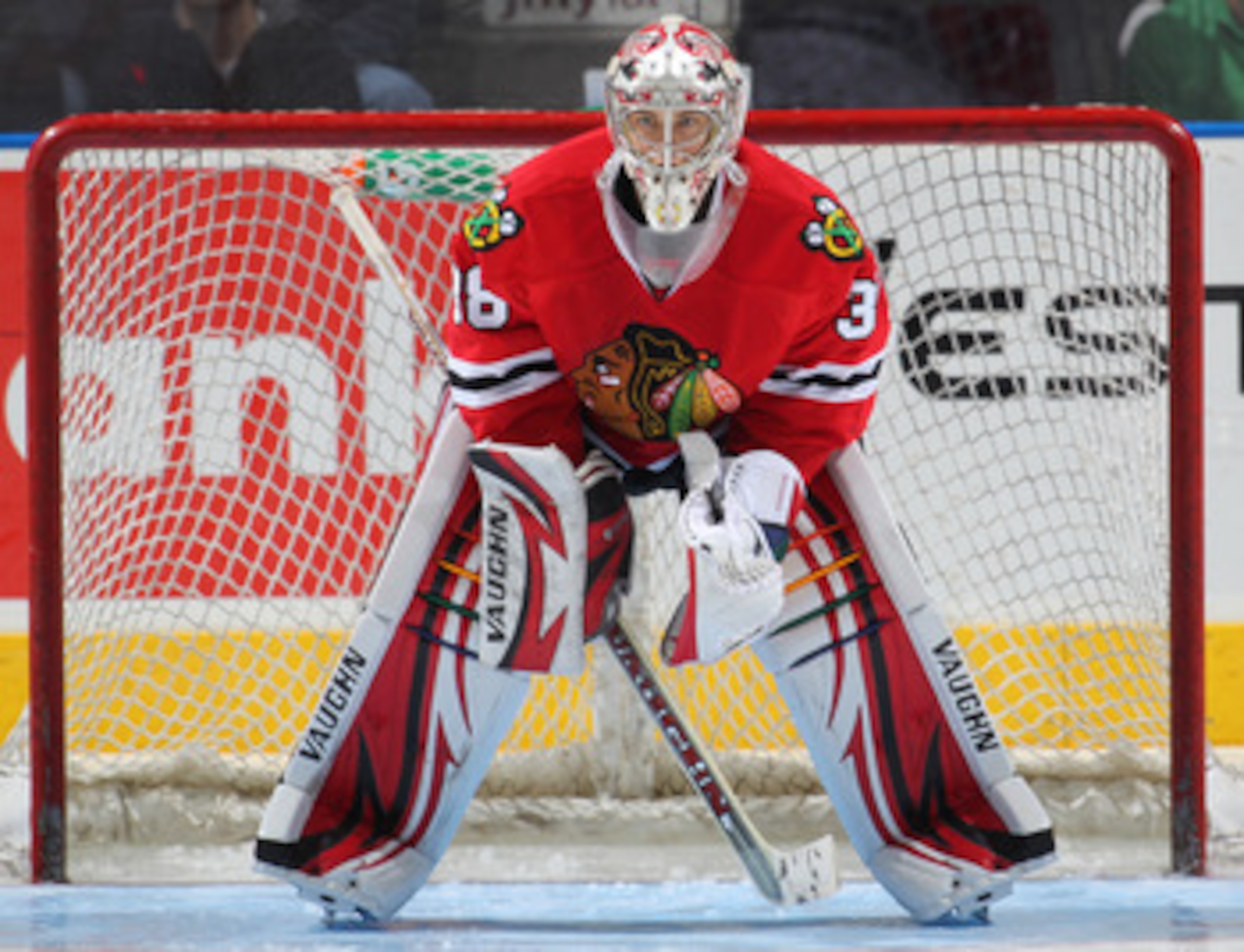 LONDON, CANADA - SEPTEMBER 11:  Alec Richards #38 of the Chicago Black Hawks waits for a shot in a game against the Toronto Maple Leafs during the NHL Rookie Tournament on September 11,2010 at the John Labatt Centre in London,Ontario. The Leafs defeated t