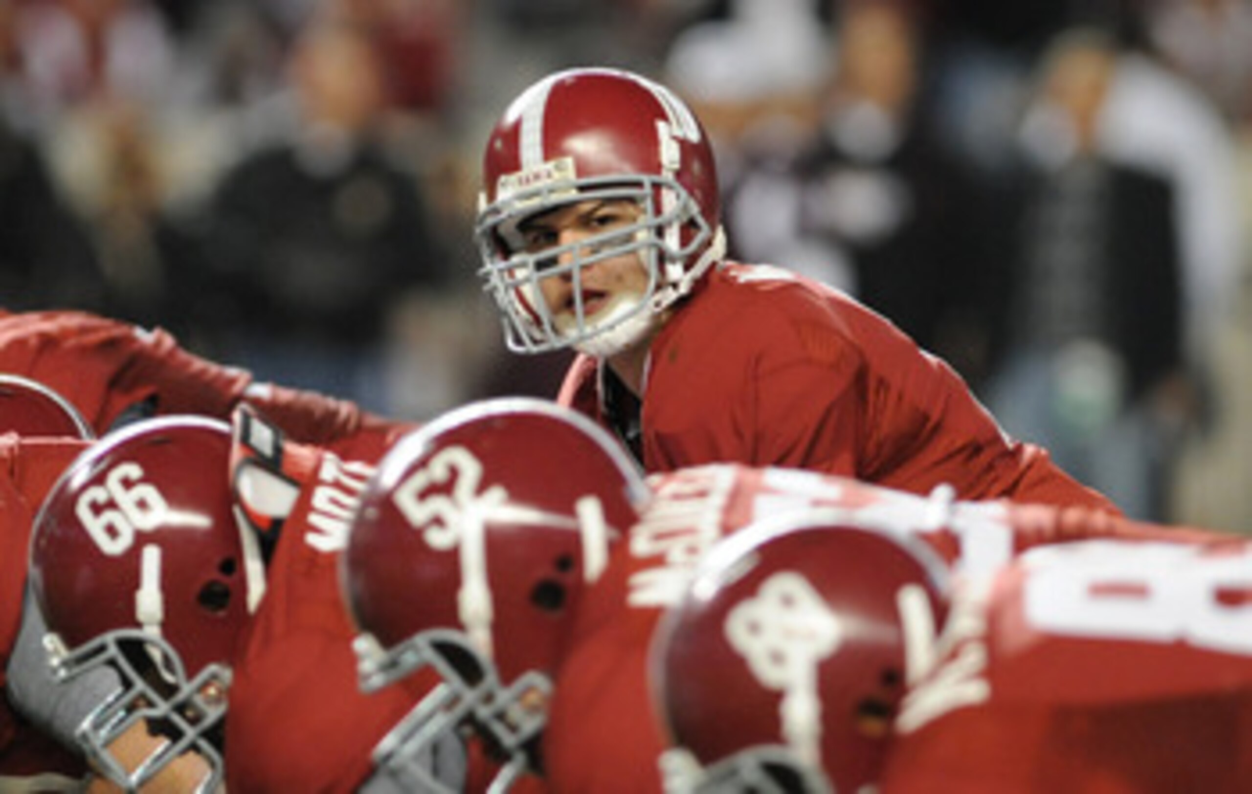 TUSCALOOSA, AL - NOVEMBER 13: Quarterback A. J. McCarron #10 of the Alabama Crimson Tide sets for play against the Mississippi State Bulldogs November 13, 2010 at Bryant-Denny Stadium in Tuscaloosa, Alabama.  (Photo by Al Messerschmidt/Getty Images)