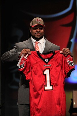 NEW YORK, NY - APRIL 28:  Adrian Clayborn, #20 overall pick by the Tampa Bay Buccaneers, holds up a jersey on  stage during the 2011 NFL Draft at Radio City Music Hall on April 28, 2011 in New York City.  (Photo by Chris Trotman/Getty Images)