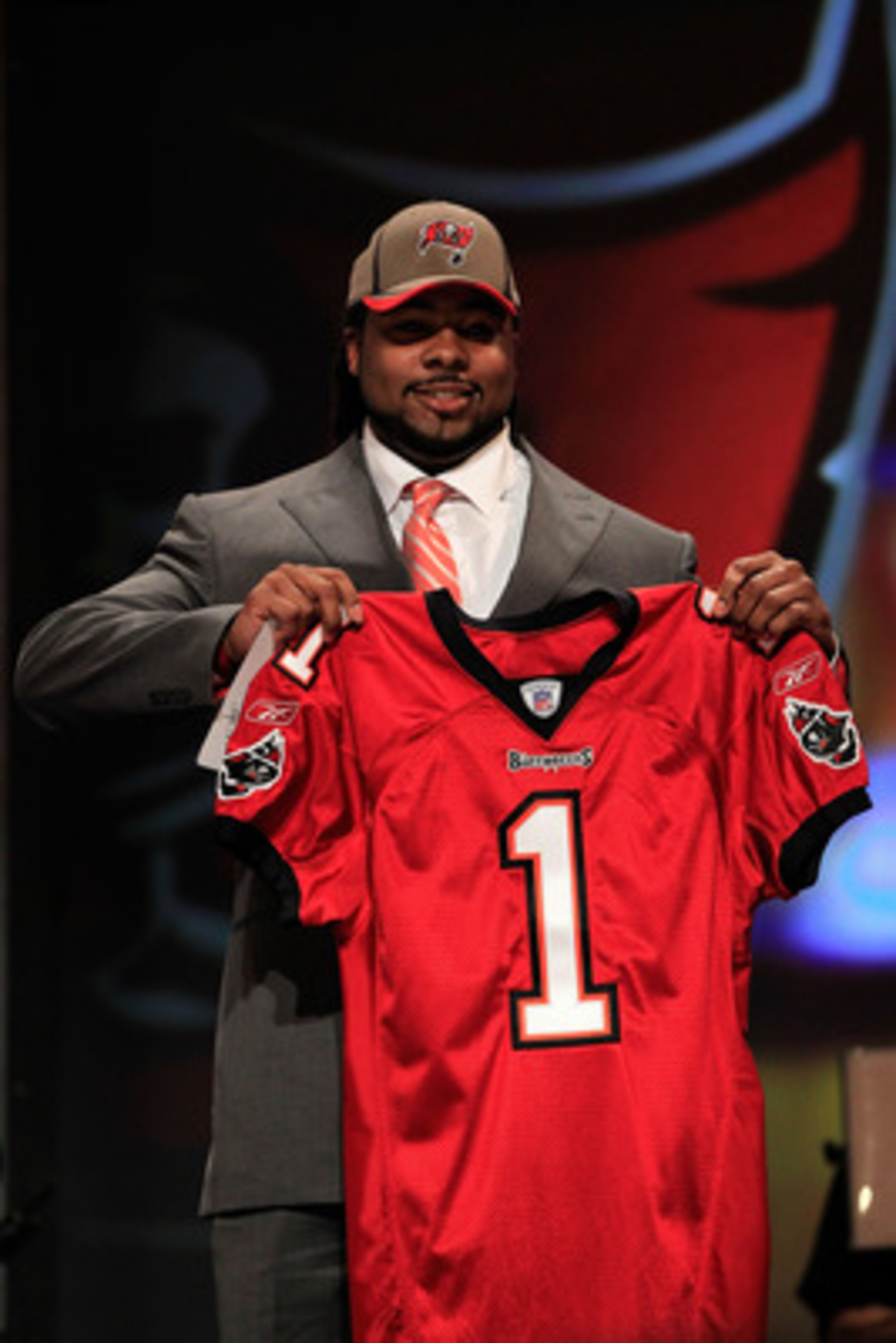 NEW YORK, NY - APRIL 28: Adrian Clayborn, #20 overall pick by the Tampa Bay Buccaneers, holds up a jersey on stage during the 2011 NFL Draft at Radio City Music Hall on April 28, 2011 in New York City. (Photo by Chris Trotman/Getty Images) NEW YORK, NY - APRIL 28: Adrian Clayborn, #20 overall pick by the Tampa Bay Buccaneers, holds up a jersey on stage during the 2011 NFL Draft at Radio City Music Hall on April 28, 2011 in New York City. (Photo by Chris Trotman/Getty Images)