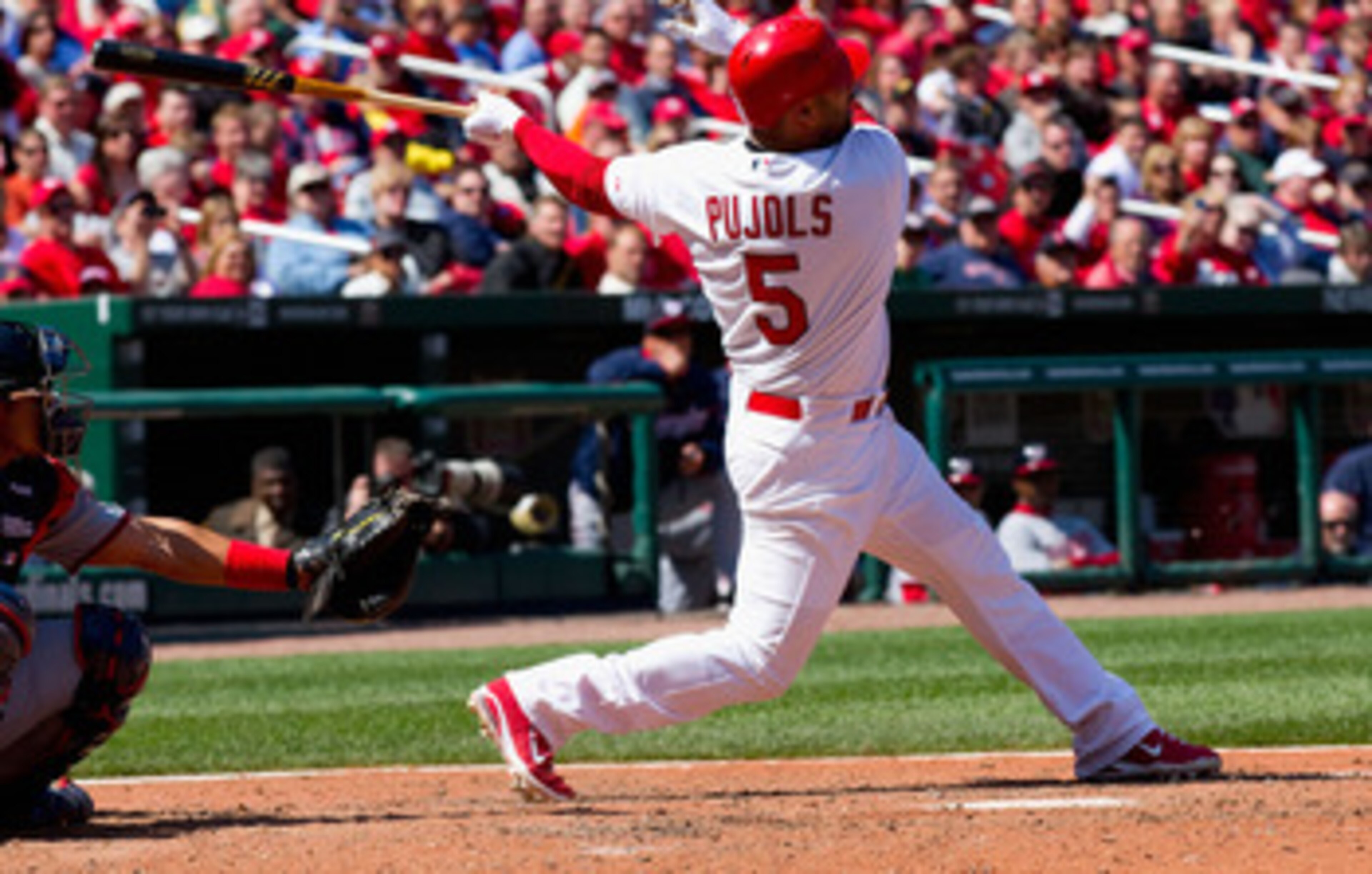 ST. LOUIS, MO - APRIL 21: Albert Pujols #5 of the St. Louis Cardinals hits a two-run home run against the Washington Nationals at Busch Stadium on April 21, 2011 in St. Louis, Missouri. (Photo by Dilip Vishwanat/Getty Images) ST. LOUIS, MO - APRIL 21: Albert Pujols #5 of the St. Louis Cardinals hits a two-run home run against the Washington Nationals at Busch Stadium on April 21, 2011 in St. Louis, Missouri. (Photo by Dilip Vishwanat/Getty Images)