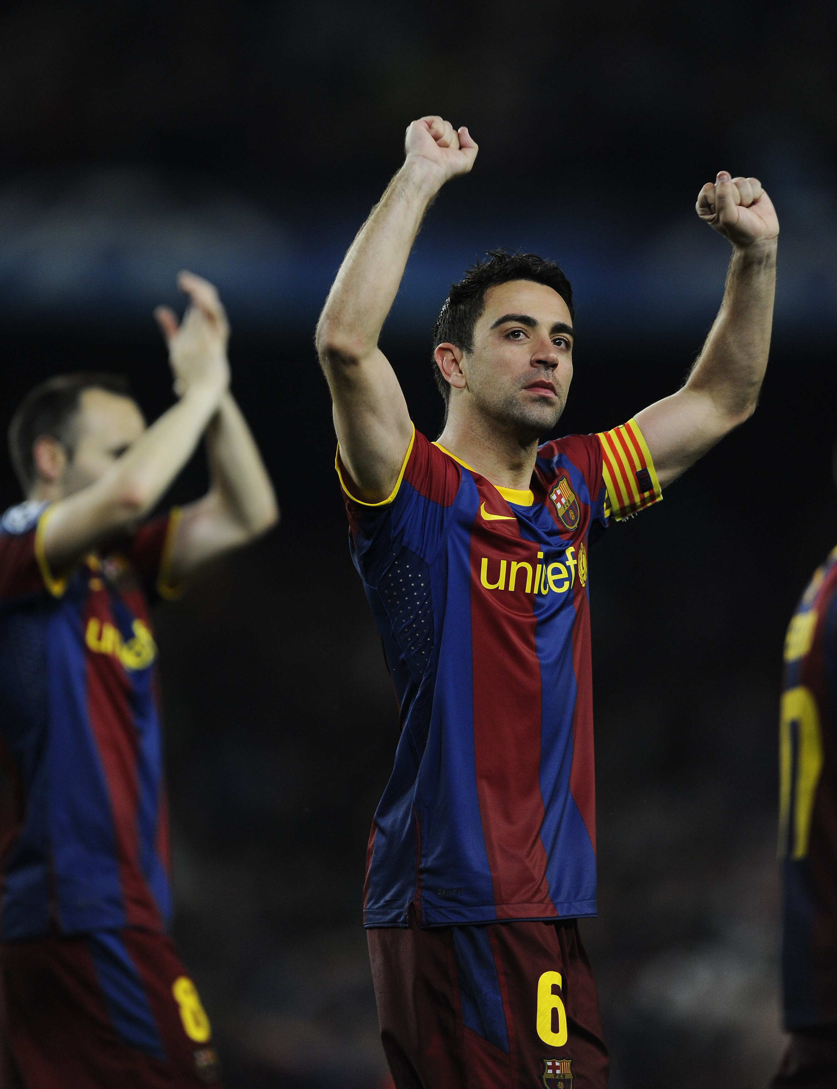 BARCELONA, SPAIN - MAY 03:  Xavi Hernandez of FC Barcelona celebrates after defeating Real Madrid at the end of the UEFA Champions League Semi Final second leg match between Barcelona and Real Madrid, at the Camp Nou on May 3, 2011 in Barcelona, Spain.  (